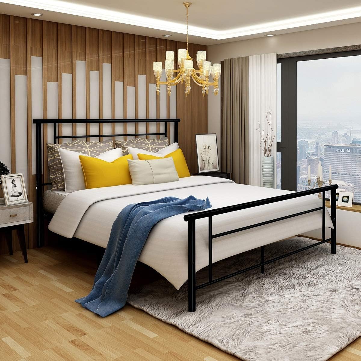 Metal Bed Frame Iron Decor Steel Queen Size with Headboard and Footboard Platform Base Legs Slats Black 633 (Queen)