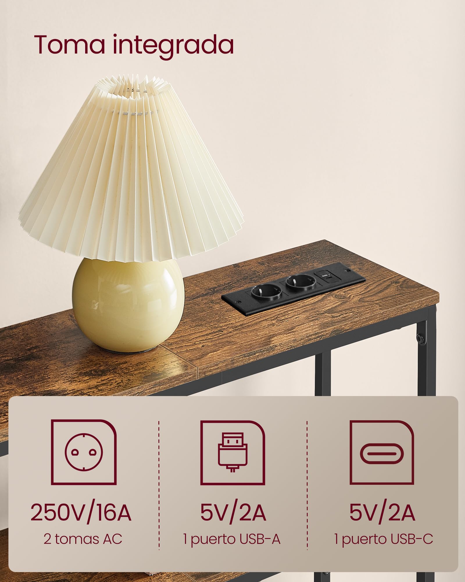 VASAGLE Mesa de Consola de 2 Niveles con Enchufe, Mesa Auxiliar con 2 Estantes, 20 x 100 x 80 cm, para Sala de Estar, Pasillo, Recibidor, Marrón Rústico y Negro Tinta LNT136KD01