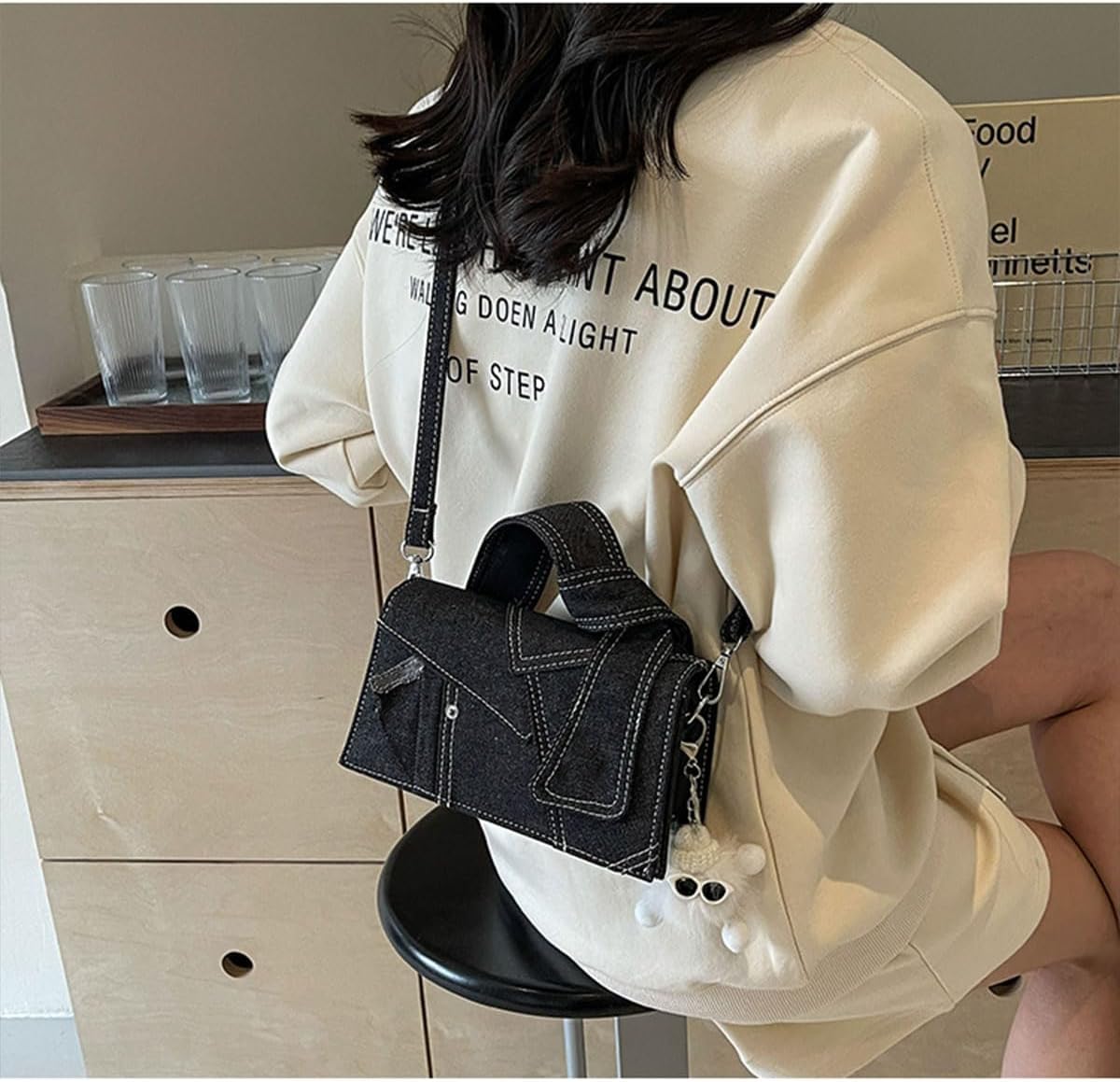 Small Square Bag for Women, Denim Patchwork Trendy Mini Purse Shoulder Bags, Color Block Casual Clutch Handbag
