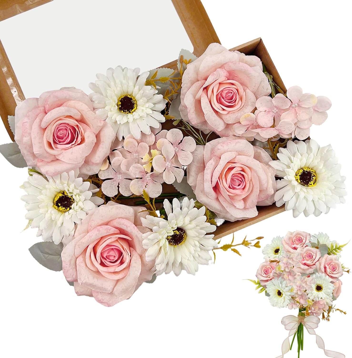 Daily Treasures Artificial Silk Flower Bouquet Box - Faux Flower with Stems in Gift Box, 4 Artificial Roses, 4 Gerberas, 2 Hydrangeas & Ribbon, Arrangement for Wedding Birthday Party (Pink & White)