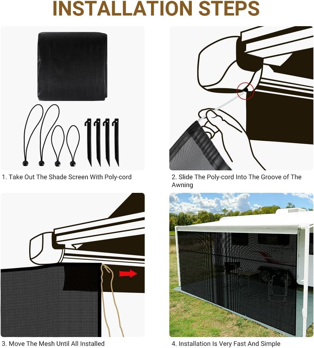 ZXMOTO RV Awning Sun Shade Screen with Zipper, 9'X15' Black Mesh Camper Sunshade RV Awning Accessories, UV Blocker Privacy Screen Complete Kit for Motorhome Camper Travel Trailer Canopy