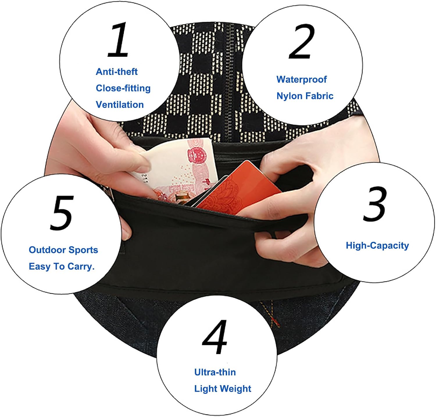 Money Belt Travel Pouch, Hidden Waist Wallet Pouchs, Moneys Bag with Zipper