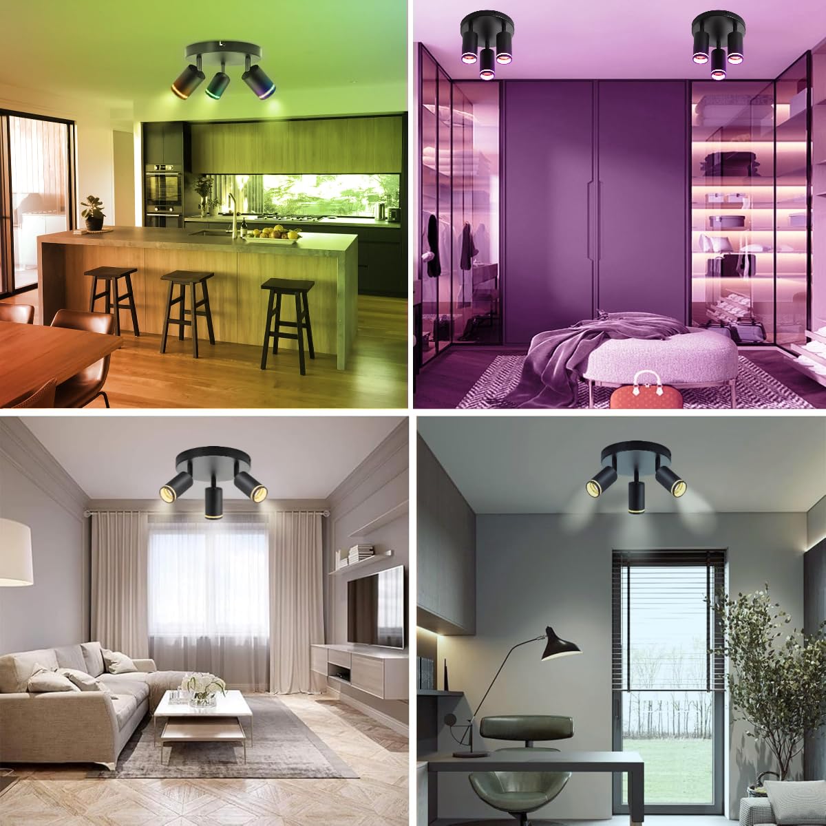 Smart Deckenstrahler 3 Flammig Rund, RGB LED Deckenspot Schwenkbar Kompatibel mit Alexa, Deckenleuchte mit Fernbedienung & APP, GU10 Deckenlampe für Wohnzimmer Schlafzimmer Küche (Mit Glühbirne)