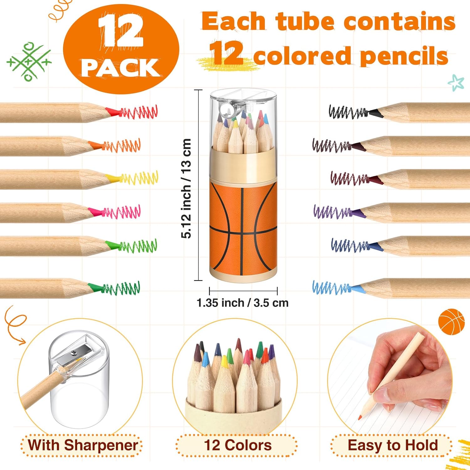 12 Set Basketball Mini Drawing Colored Pencils Bulk with Sharpener 3.5" Small 12 Colors Travel Portable Pencil for Adults Art Painting