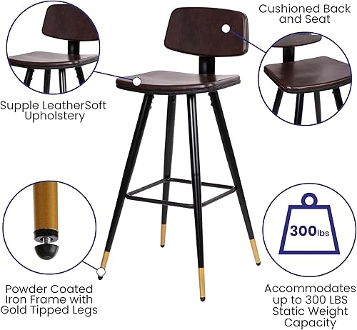 Miniatura 7 de Flash Furniture Kora Taburetes de bar de respaldo bajo de grado comercial, tapicería LeatherSoft marrón, marco de hierro negro, reposapiés