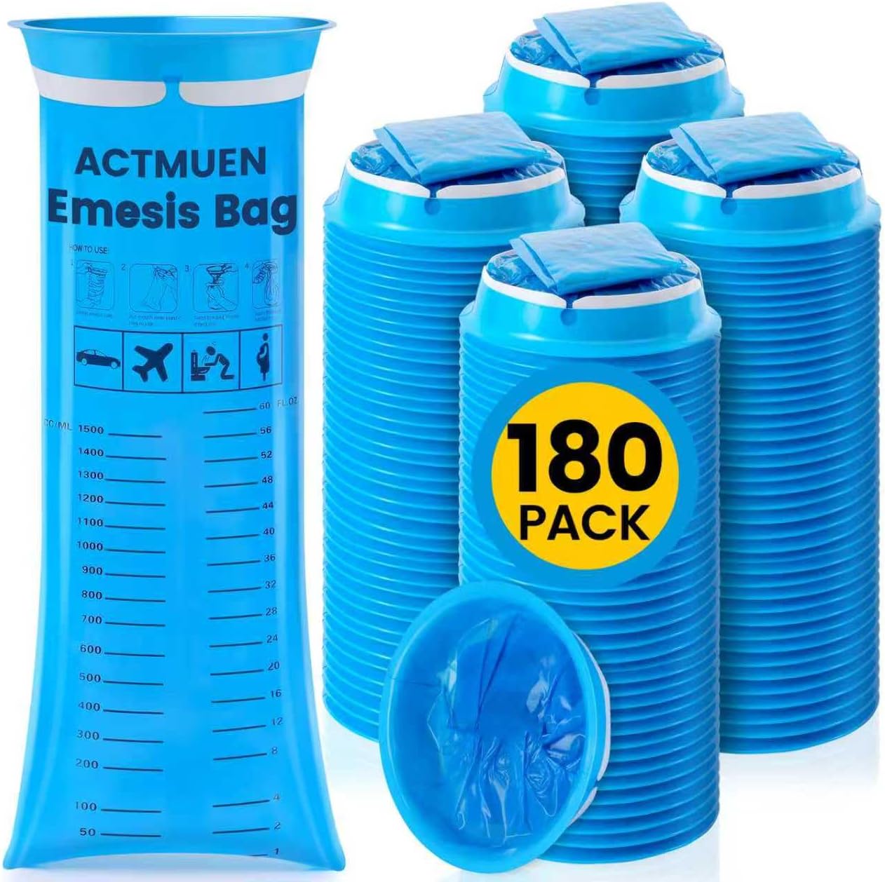 Vomit Bags Disposable 180 Pack, 1000ml Emesis Bags for Adults & Kids, Portable Puke Barf Bags for Car Travel Morning Sickness and Nausea Relief Leak Resistant and Odor Proof Design