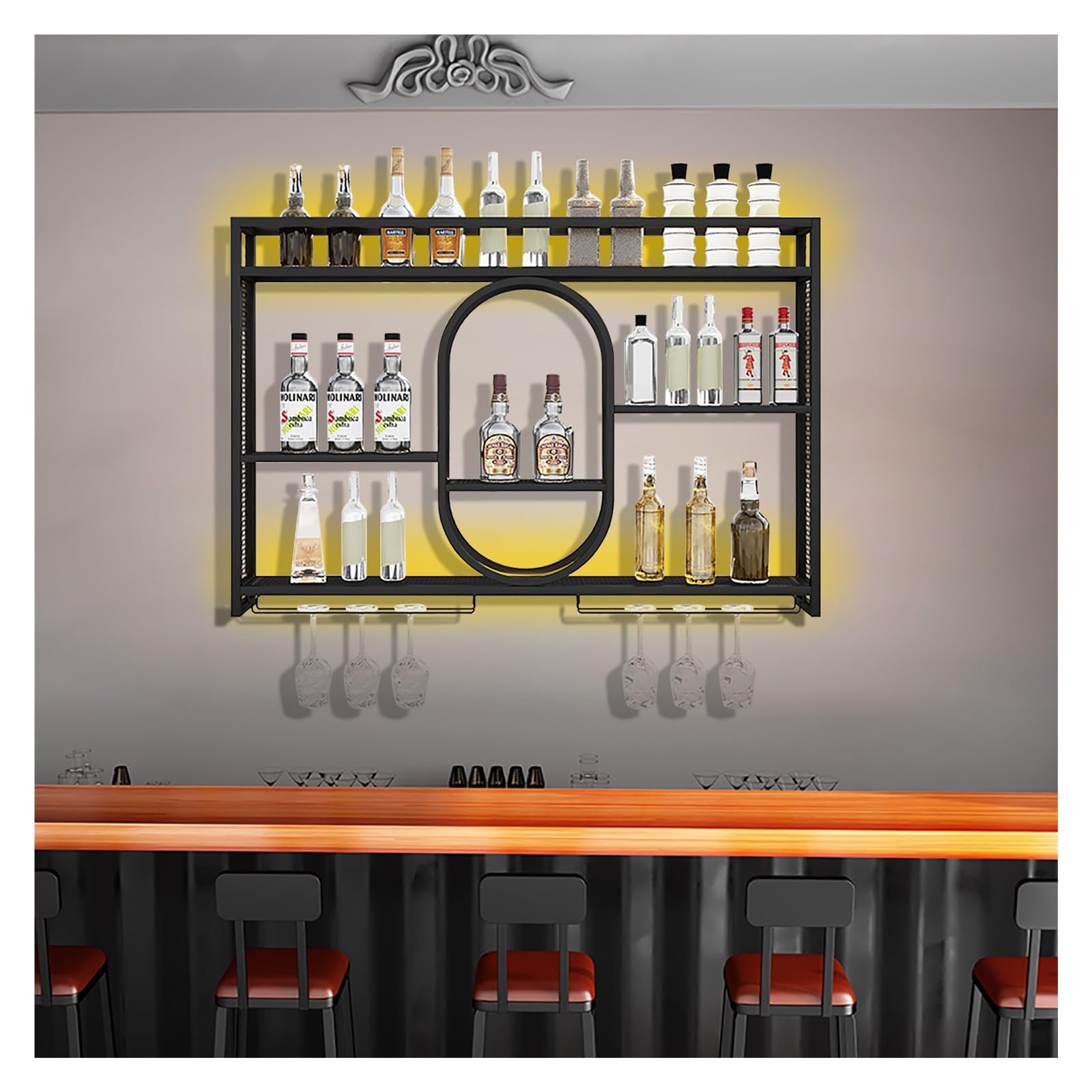 Estante de vino montado en la pared con luz LED, estantes flotantes de 3 niveles para exhibición de botellas de licor y soporte para copas de vino, almacenamiento elegante para bar en casa