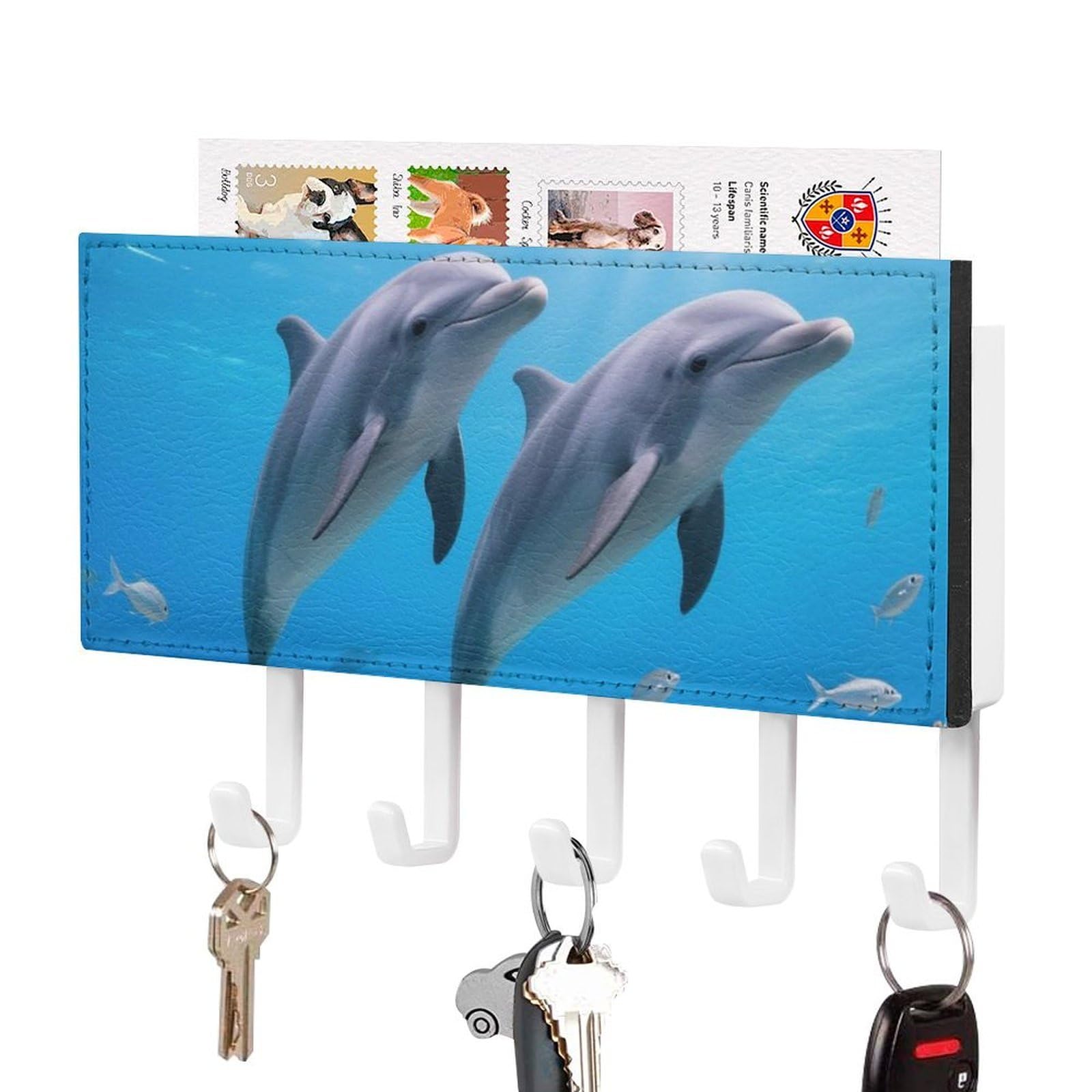 DWVTSLH Dolphin Key Holder for Wall, Decorative Key Hooks with Mail Organizer & 5 Hooks, Self Adhesive Leather Key Hanger for Entryway, Wall Mounted Key Rack (7.1” X 4.3” X 0.9”)
