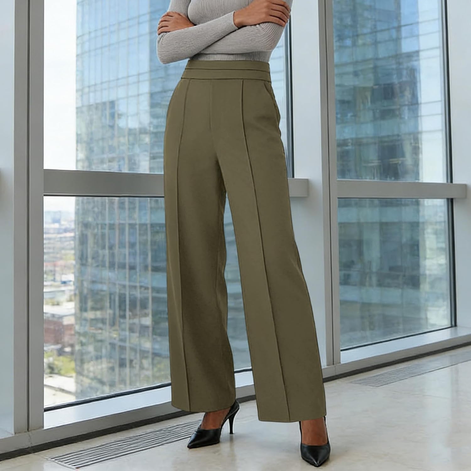 Womens Dress Pants High Waisted Work Slacks Pants Dressy Casual Straight Leg Summer Trousers with Pockets