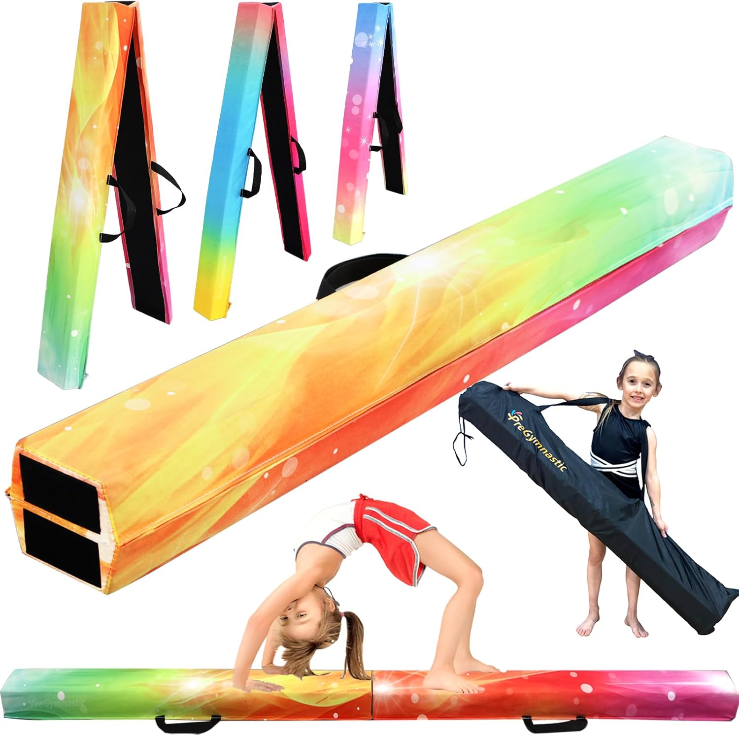 PreGymnastic 6FT/8FT/9.5FT Folding Balance Beam for Kids Ages 3-12, Foldable Gymnastics Floor Beam-Extra Firm Suede Cover with Carrying Bag for Home-Gym Equipment for Toddler Teenager