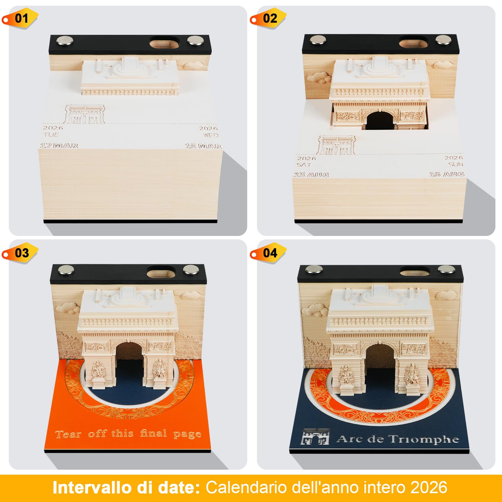 Calendario 3D 2026 - Arco di Trionfo di Parigi | Il tuo calendario artigianale personalizzato con modello di carta 3D | Decorazione per ufficio originale & Incantevole decorazione invernale