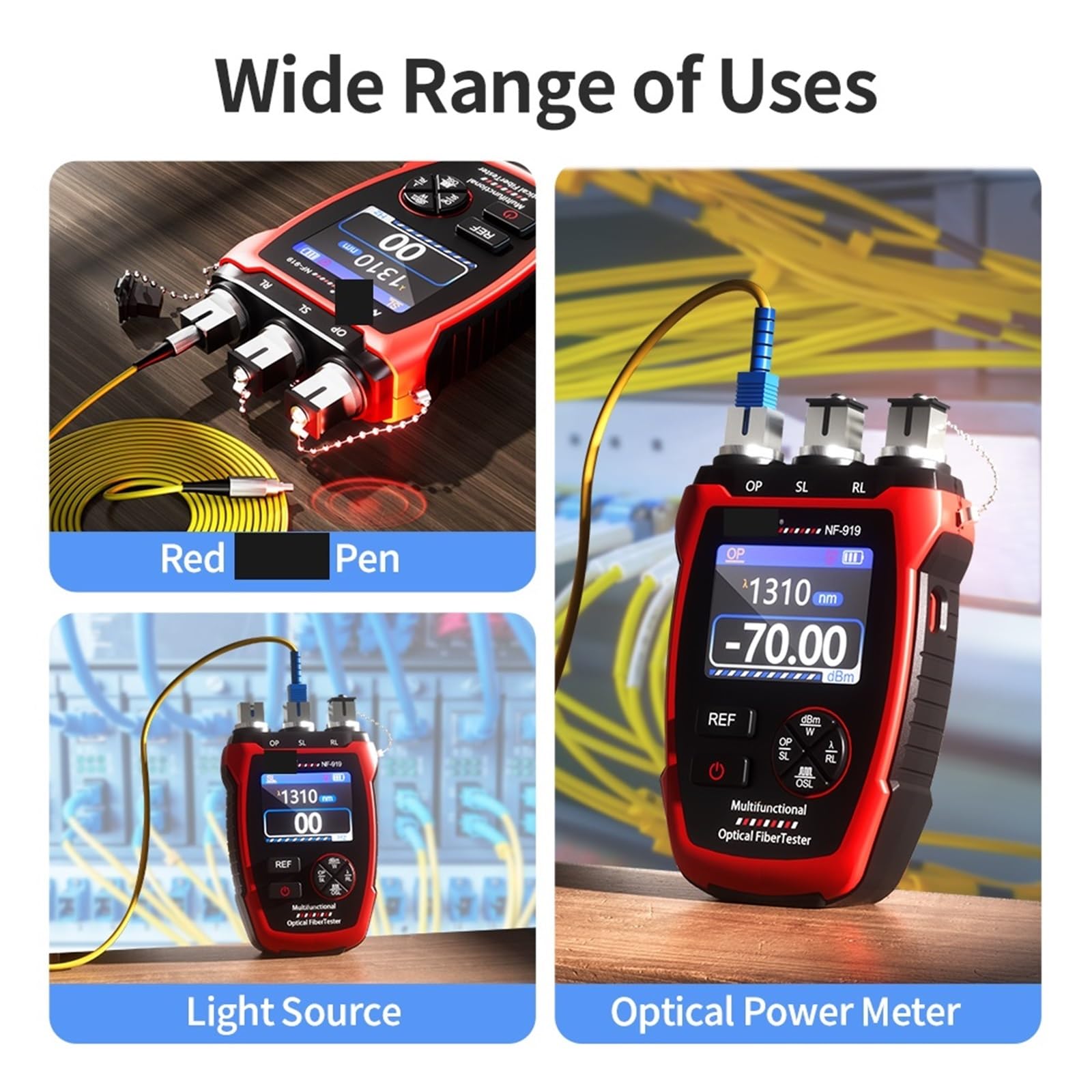 Probador de fibra óptica, NF-919 Medidor de potencia 3 en 1 Fuente luz estable VFL REF Localizador visual fallas Luz roja Herramienta prueba fibra óptica
