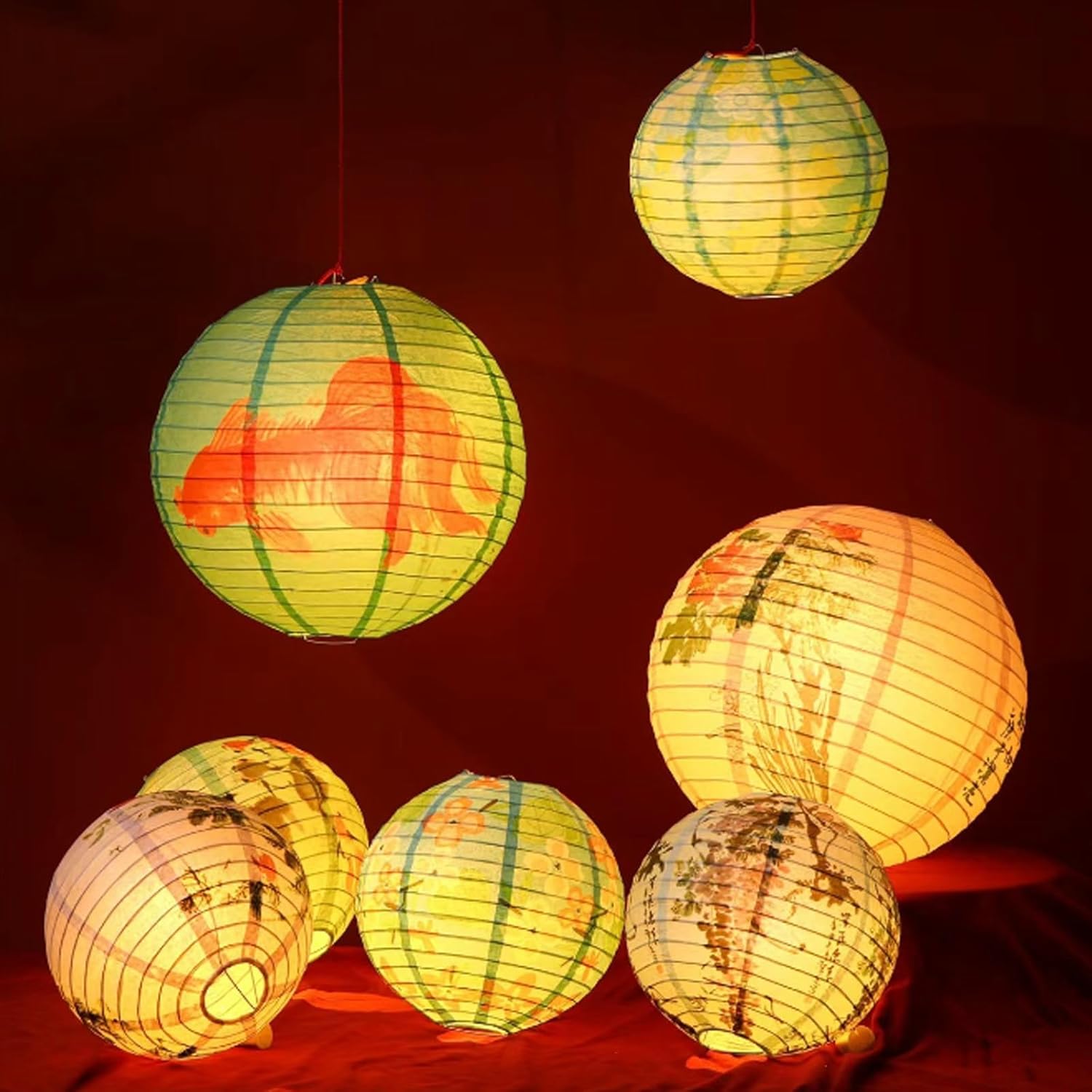 12 Inch Round Paper Lantern Lamp Shade 2pcs Mid-Autumn Festival Lantern Chinese Oriental Style Hanging Lantern Light for Hopping Mall Restaurant Home