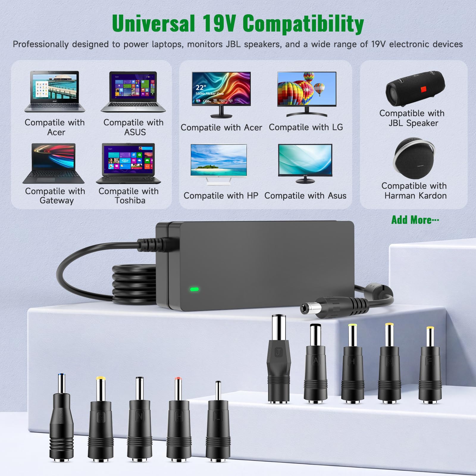 19V 3.42A Cargador de portátil, 19 Volt 3.42A 3.15A 2.37A 2.1A 1.75A Adaptador de alimentación para HP Acer Samsung Toshiba Fujitsu Lenovo ASUS Gateway IBM Sony LG TV Monitores