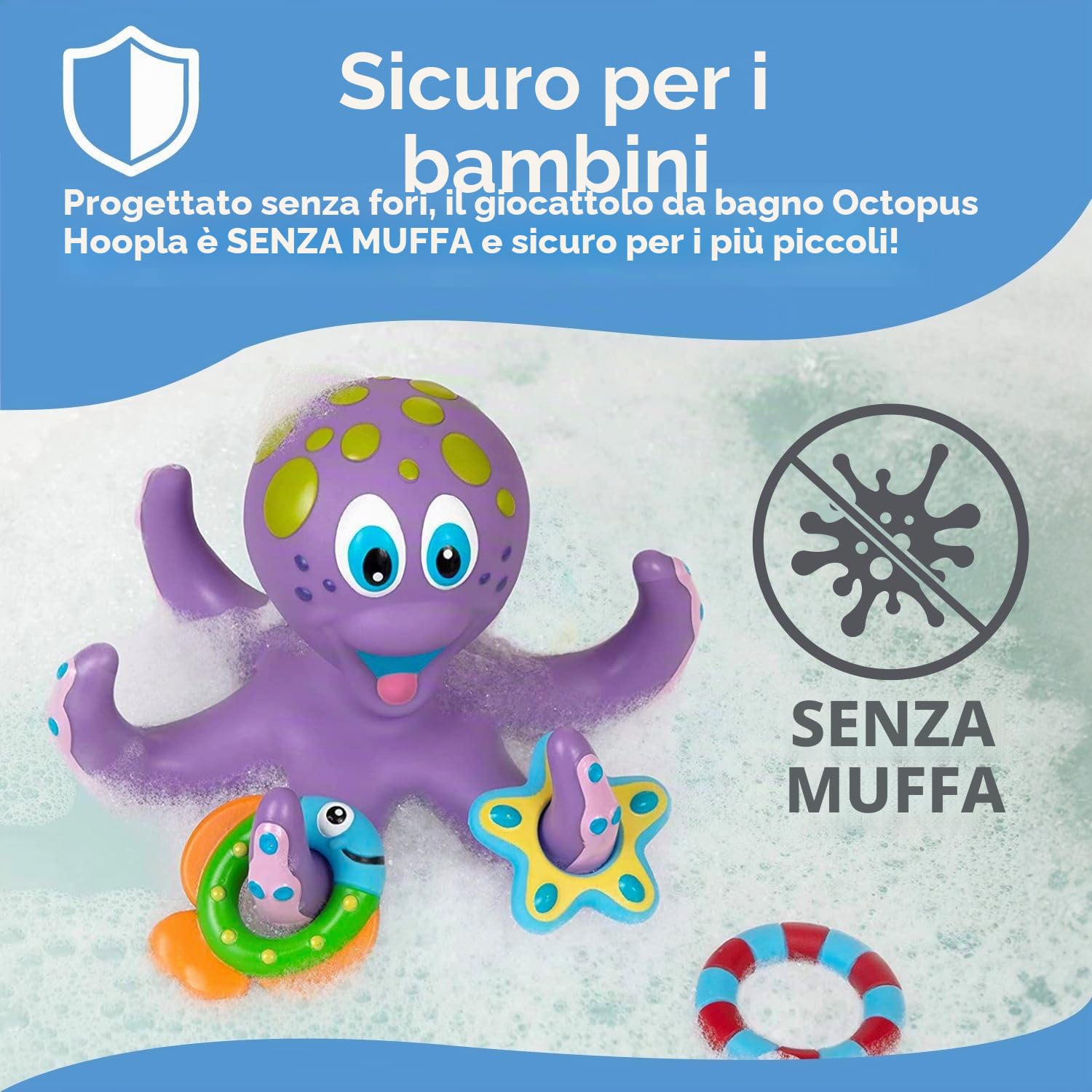 Nuby - Giocattolo da bagno per bebè - Piovra interattiva galleggiante con anelli da bagno - Giocattolo che stimola la coordinazione occhio-mano dei più piccoli - Ideale dai 18 mesi in su