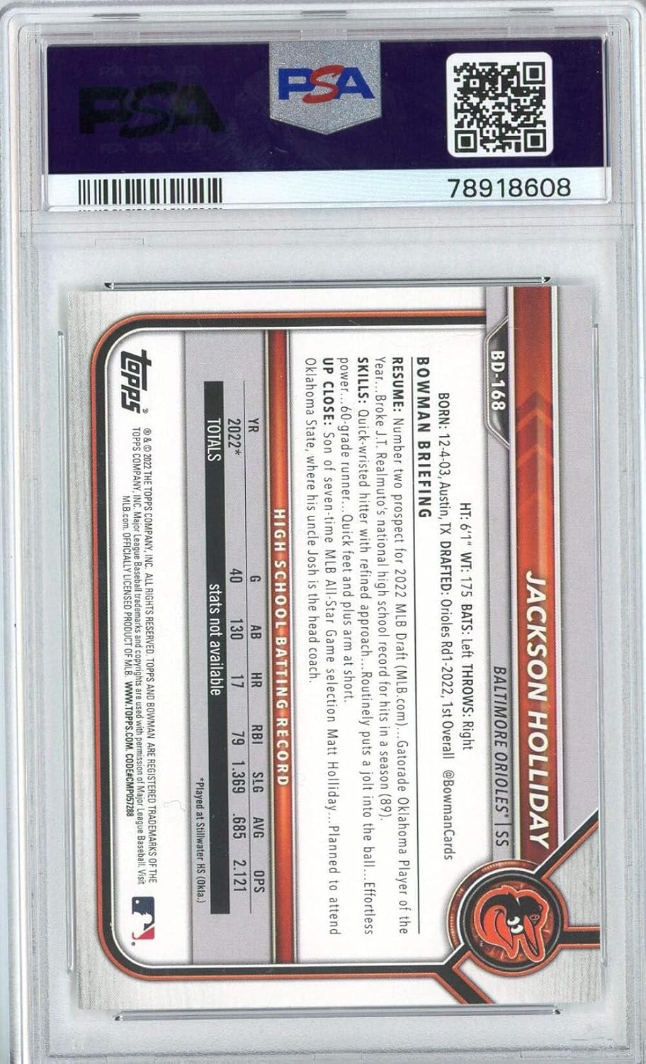 Graded 2022 Topps Bowman Draft Jackson Holliday #BD168 Rookie RC Baseball Card PSA 10 Gem Mint
