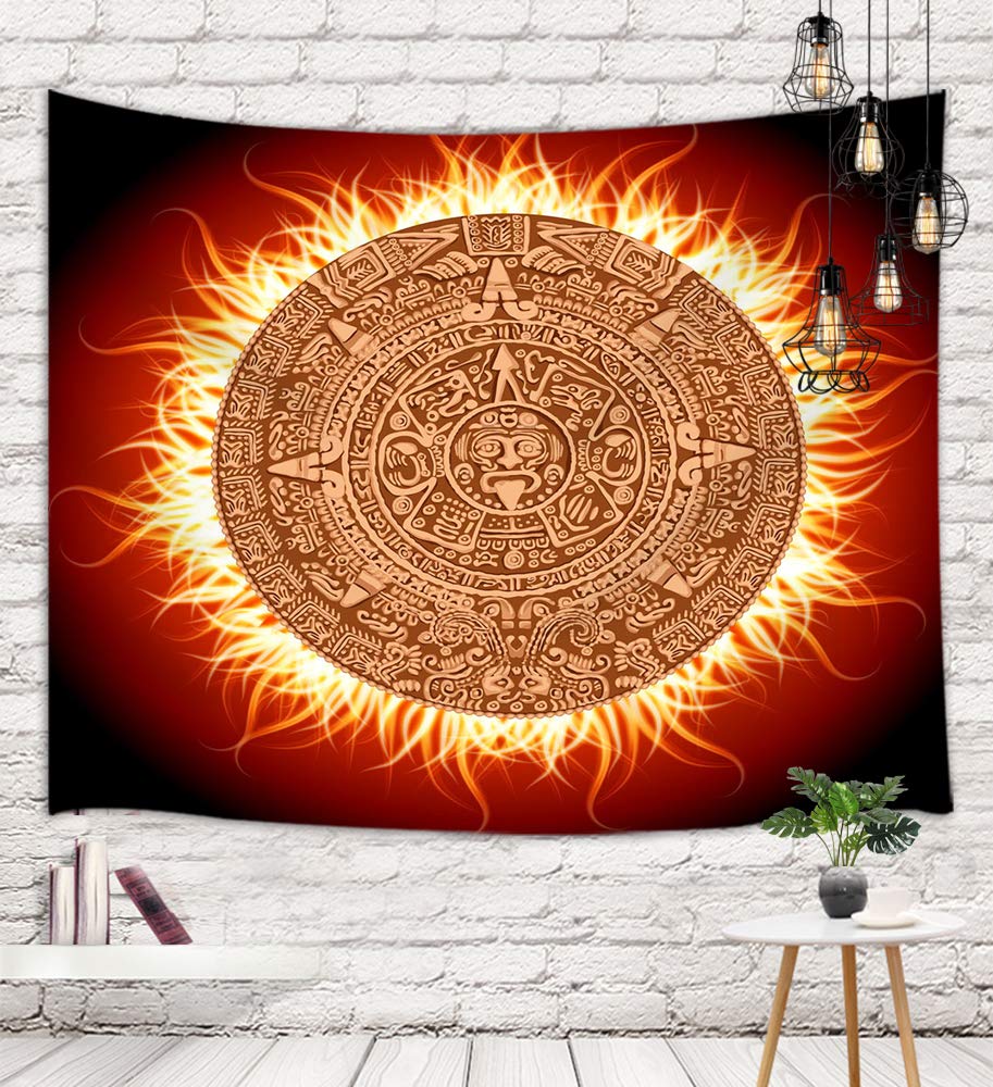 Native American Mayan Calendar Tapestry Wall Hanging, Mystical Aztec Grunge Mandala in Fire Wall Tapestry Art for Home Decorations Dorm Decor Living Room Bedroom Bedspread, 60