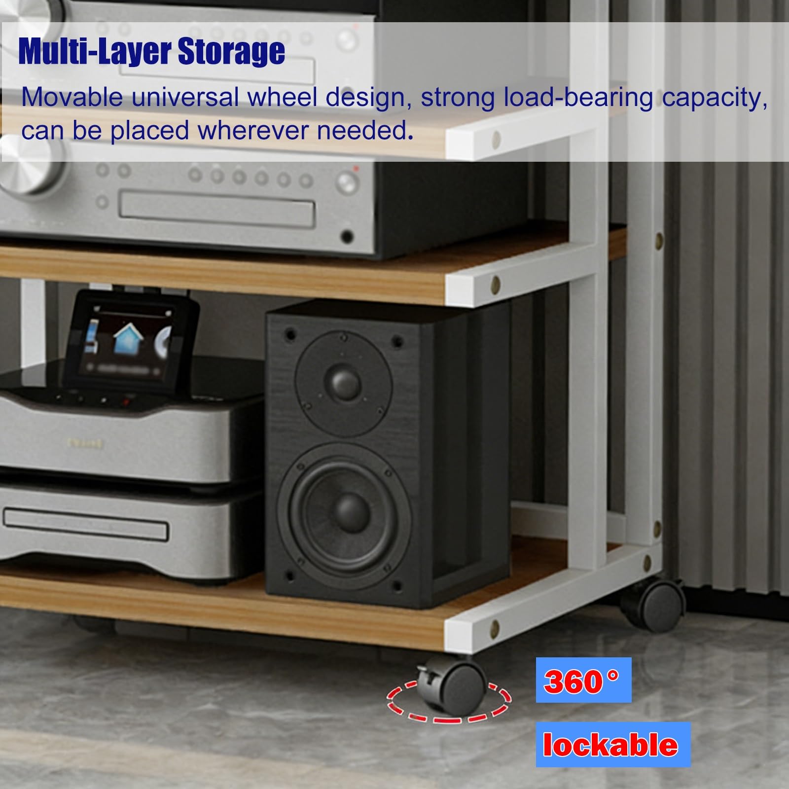 3-poziomowa wieża na kółkach z komponentami audio, stojak multimedialny stereo do pokoju gier, półka na sprzęt Hi-Fi, półka i otwarta szafka do przechowywania, mobilny organizer do kina domowego