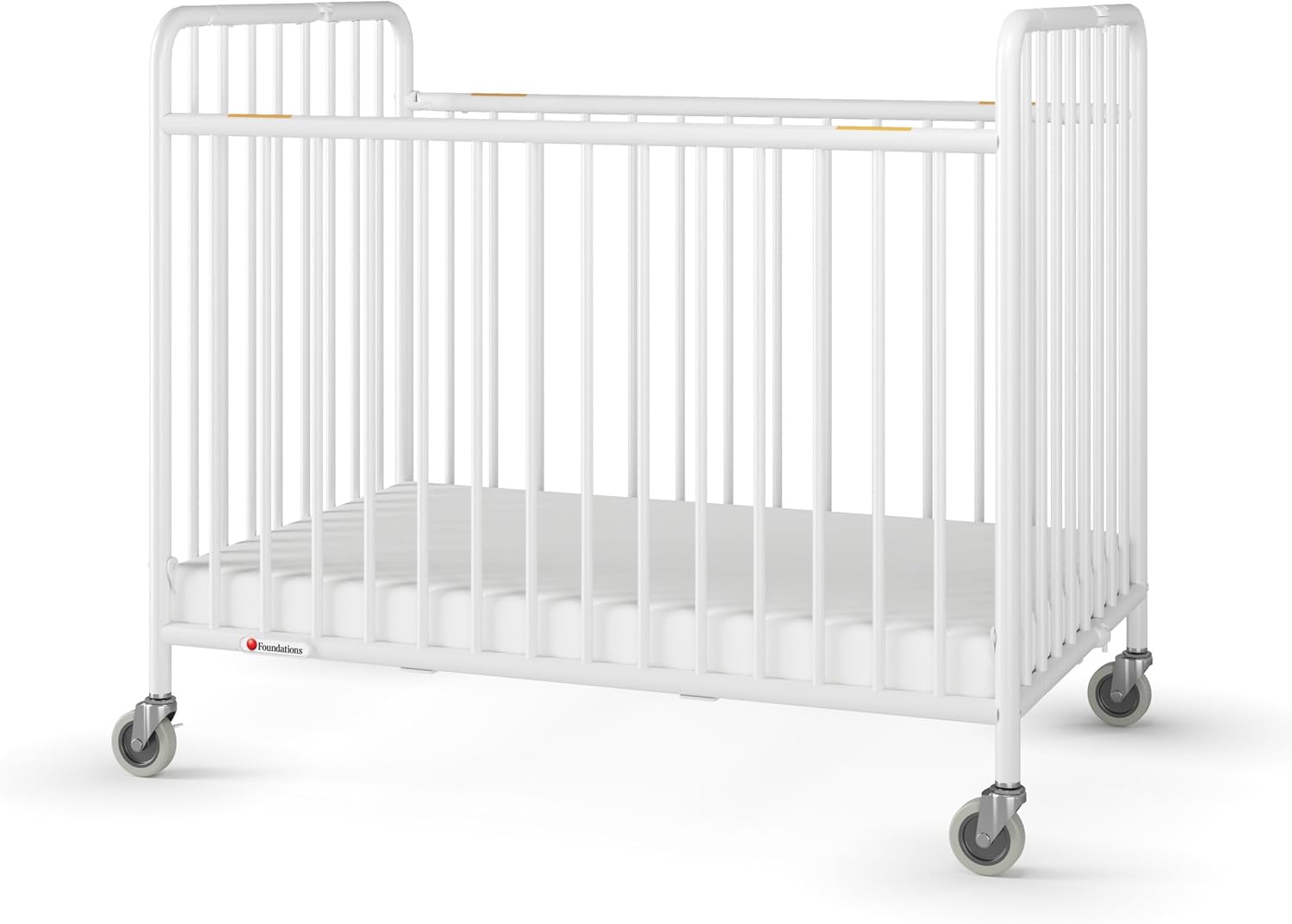 Foundations Stowaway Metal Baby & Toddler Folding Crib, Portable Baby Crib with Foam Mattress and Commercial Grade 3" Casters, Compact for Hotels, White