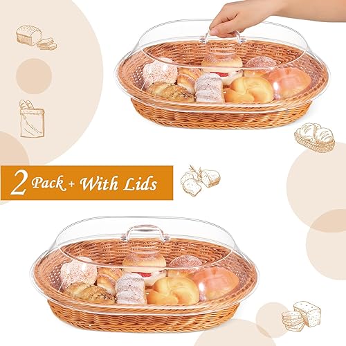 Miniatura 3 de Hushee Juego de 2 cestas de pan de ratán de imitación con tapa, cestas de pan de mimbre para servir cestas de frutas tejidas con tapa, cestas