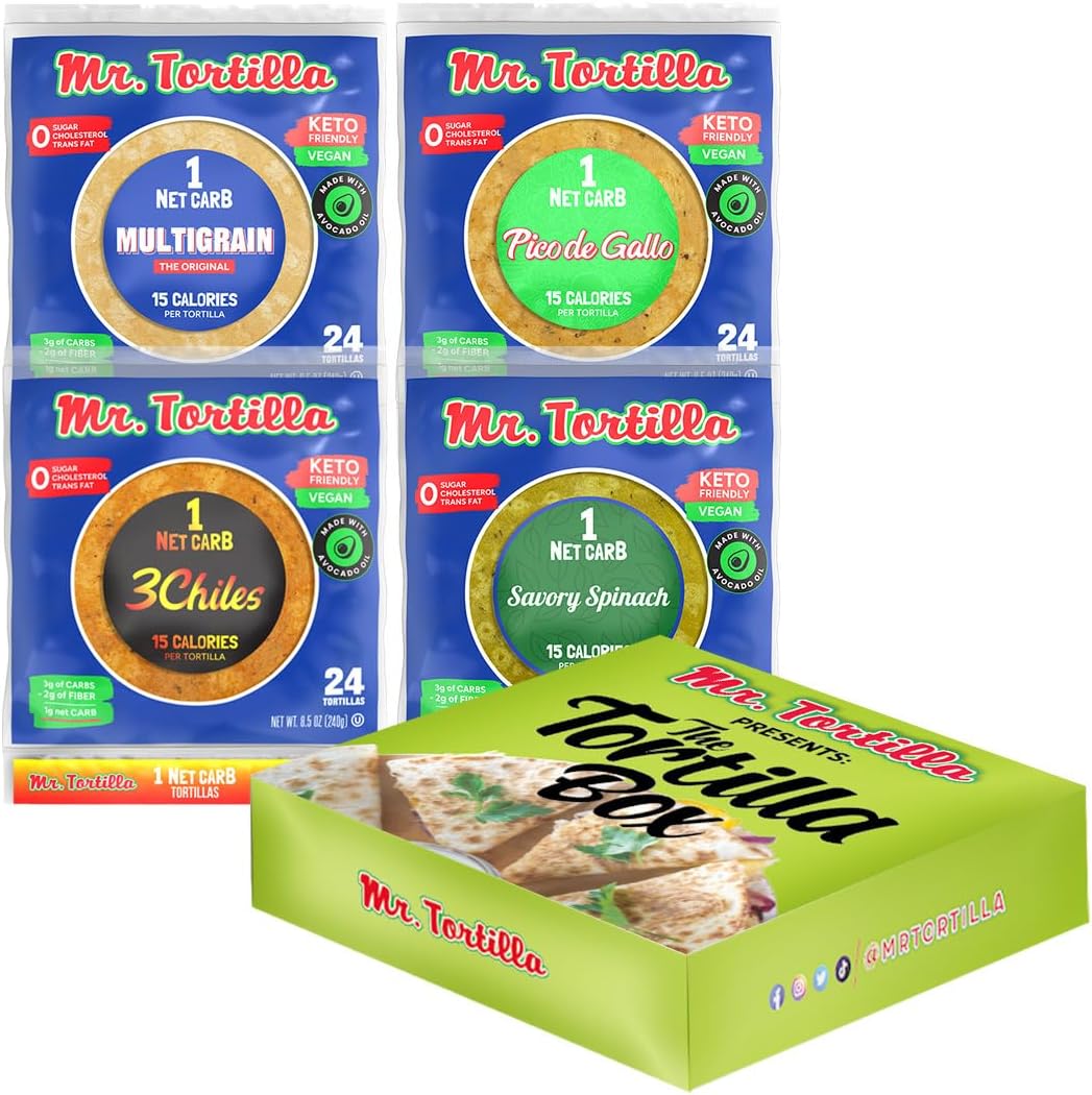 Mr. Tortilla Low Carb Tortilla Wraps - Keto Tortillas with Avocado Oil - Street Taco Size - 1 Net Carb per Serving - Low Calorie Keto Wraps - Low Carb Tortillas - (Variety Pack, 96 Count)