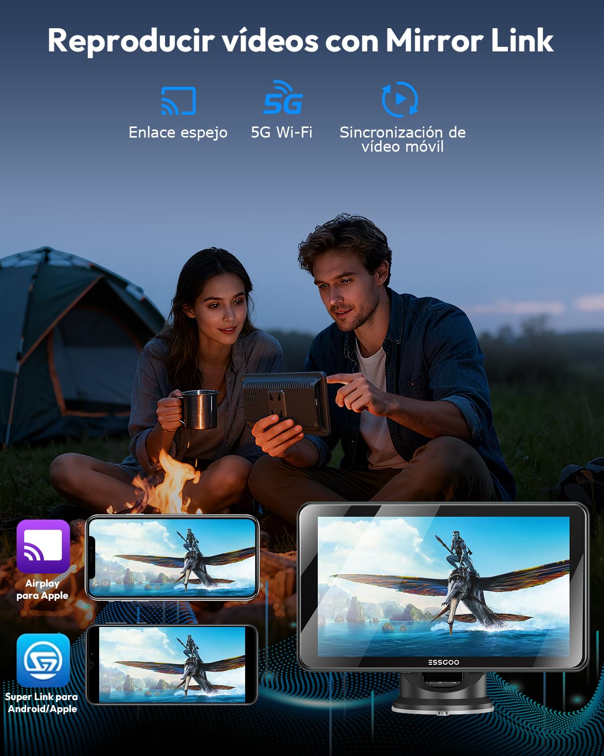ESSGOO 7 Pulgadas Pantalla Carplay Coche Android Auto con Cámara de Reversa