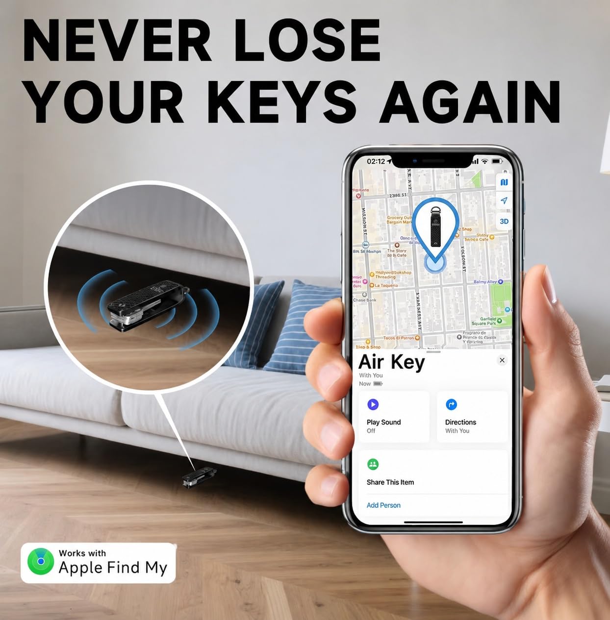 Air Key Organiseur de clés pour jusqu'à 4 clés, compatible avec Apple Find My, avec fonction de recherche Bluetooth et signal sonore (noir)
