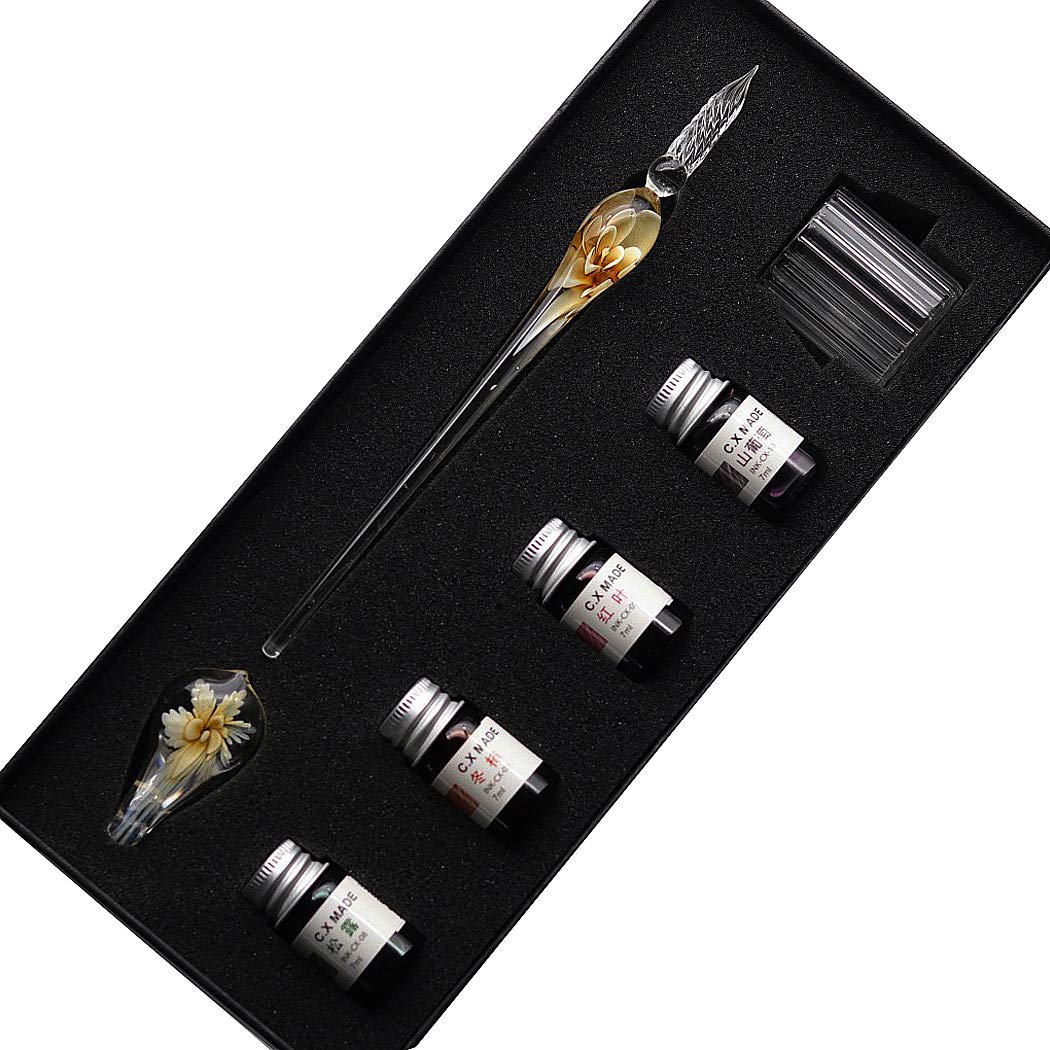 SIPLIV Crystal Glass Intarsia Dip Pen Fountain Pen Kit Vintage Calligraphy Signatures Pen with 4 Colors Ink, Pen Holder, Cleaning Cup, Yellow