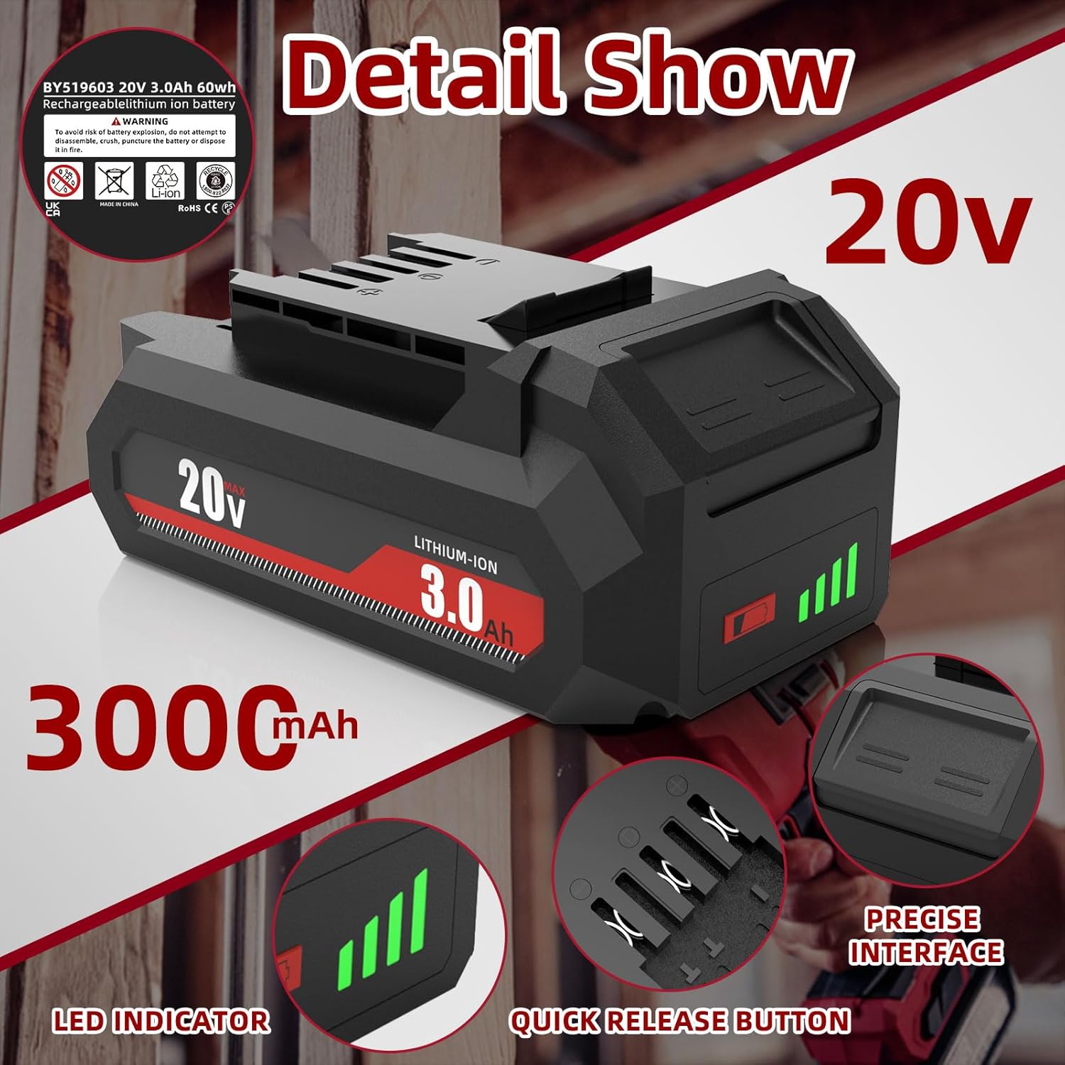 3.0Ah 20V Lithium Battery Replacement for Skil 20V Battery BY519601 BY519702, Compatible with PWRCORE 20 Series Tools & Charger - Image 5