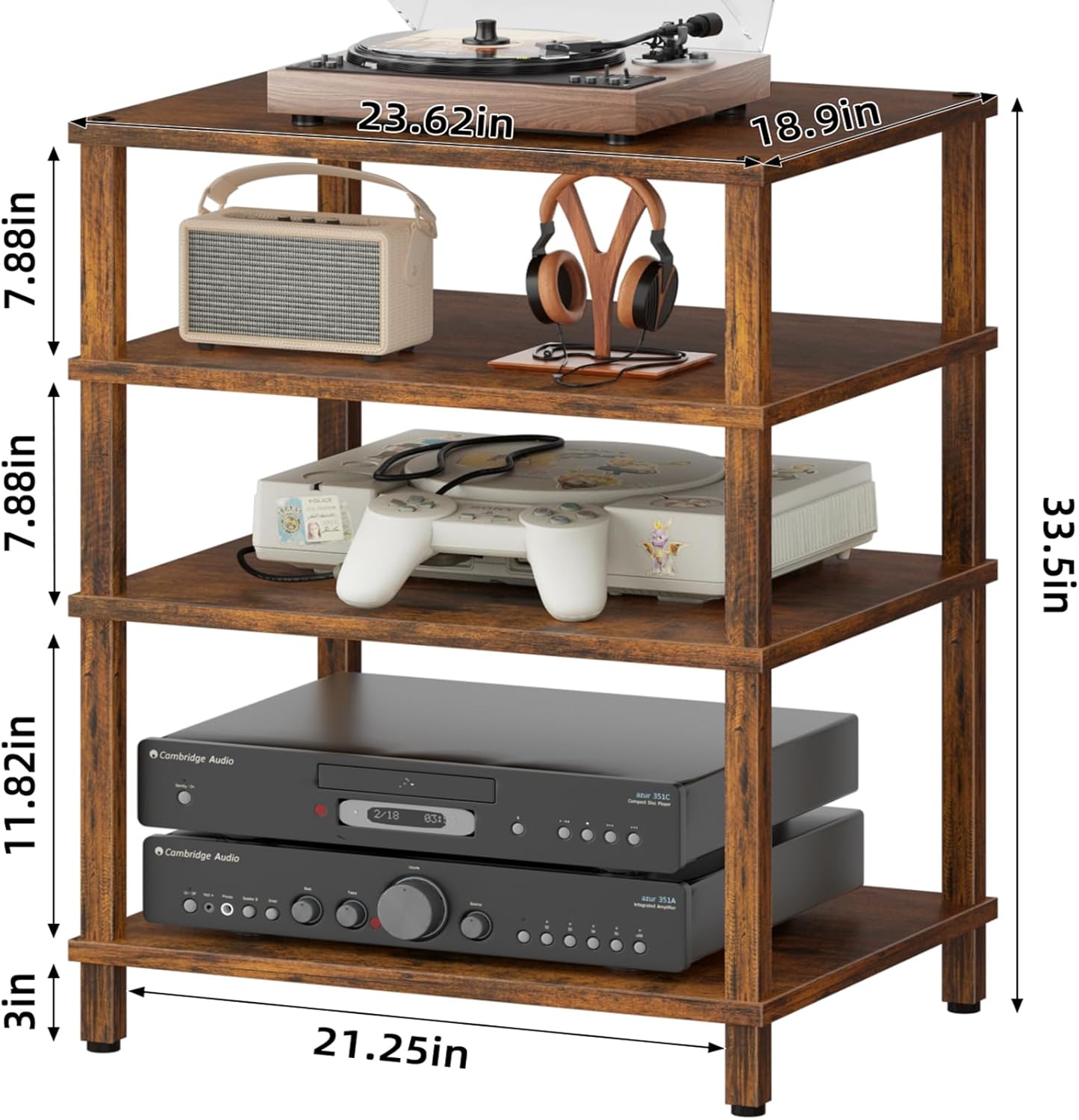LELELINKY 4-Tier AV Media Player Stand, Brown Stereo Cabinet, Modern Stereo Cabinet, Wooden TV Stand,Game Console Shelf, Multifunctional Entertainment Center, Suitable for Home, Conference Room