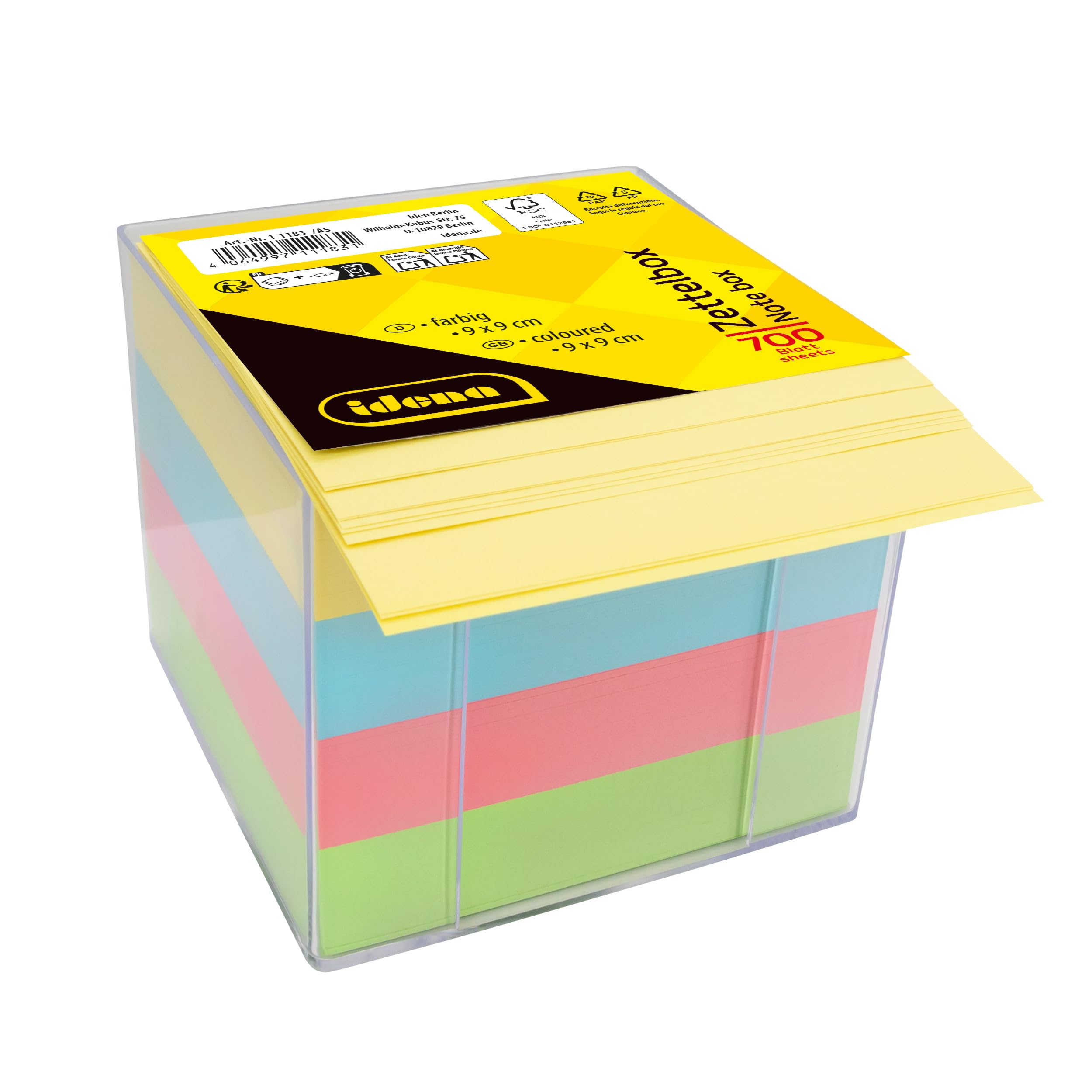 Idena 11183 - Pudełko na notatki, przezroczyste, 9 x 9 x 8 cm, z notatnikiem na 700 kartek, papier FSC-mix w 4 kolorach