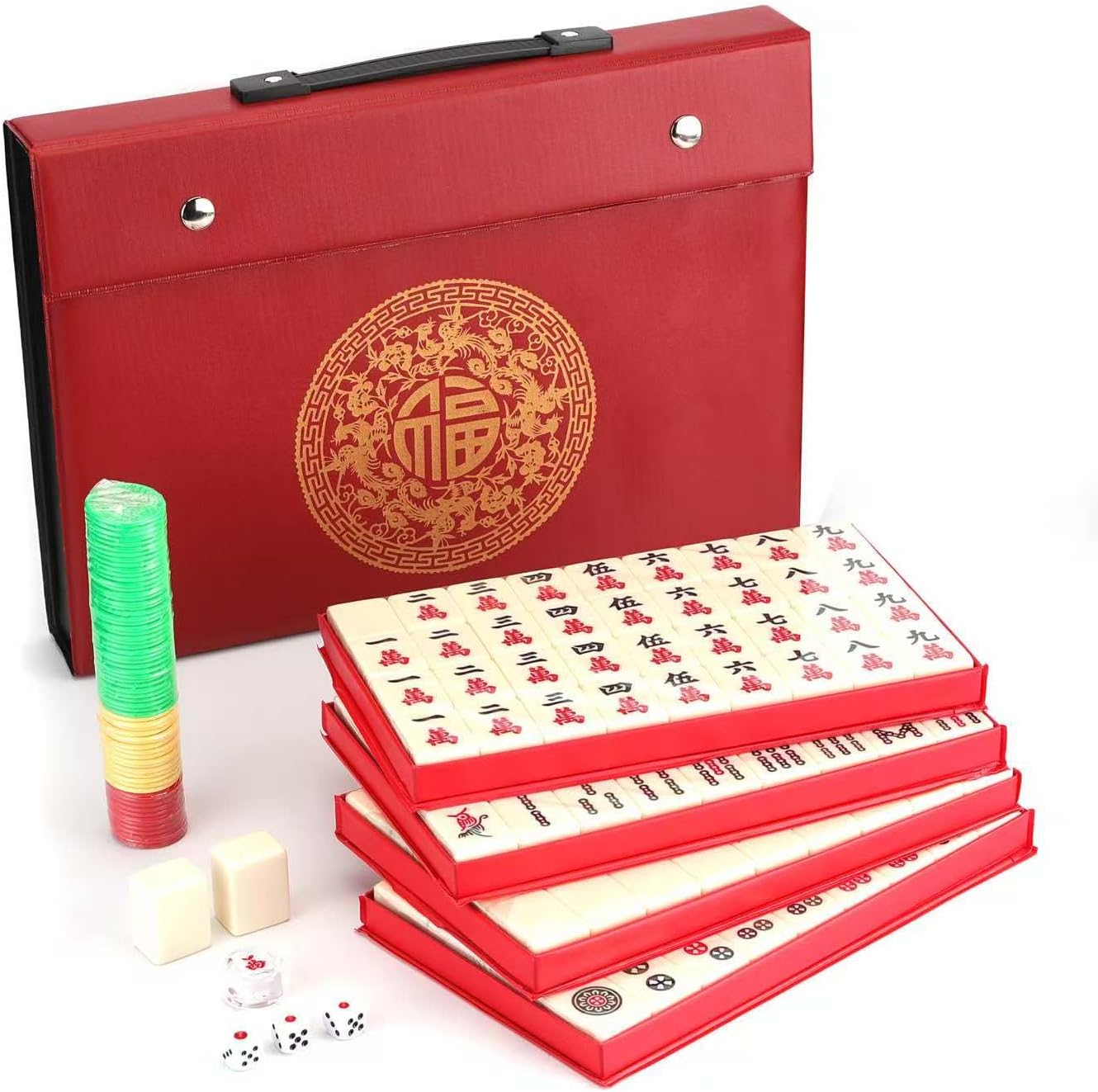 Mose Cafolo Traditional Chinese Mahjong Set – 144 Melamine 34mm Standard Size Tiles + 2 Spare Tiles, No Arabic Numerals, Travel Case, Complete Mahjong Game, Ivory