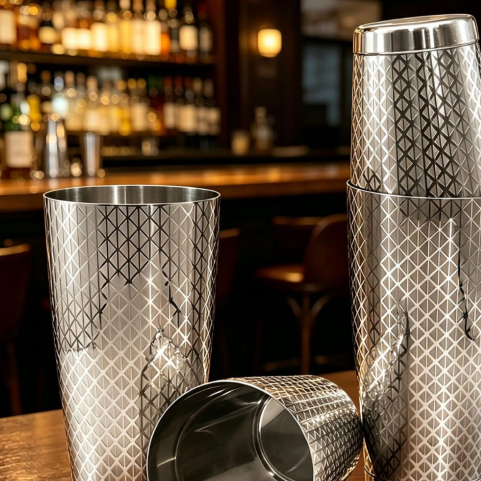 7 Pezzi Kit da Bar con Borsa Professionale Kit da Cocktail con Borsa Completo Shaker Accessori per Barman, Casa, Set Da 7 Pezzi Boston Con Motivo A Rombi Inciso, Senza Base