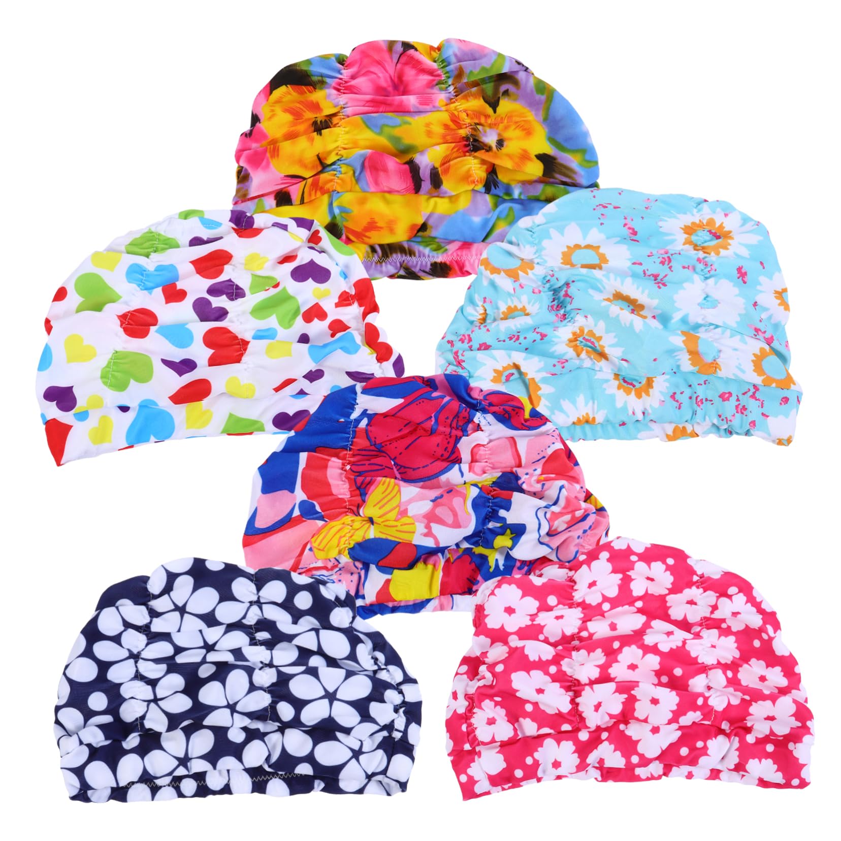 6 Piezas Gorros de Natación Plisados Impermeables para Mujer y Hombre Estampados Aleatorios Elásticos y para Protección y Comodidad Piscina y Baño