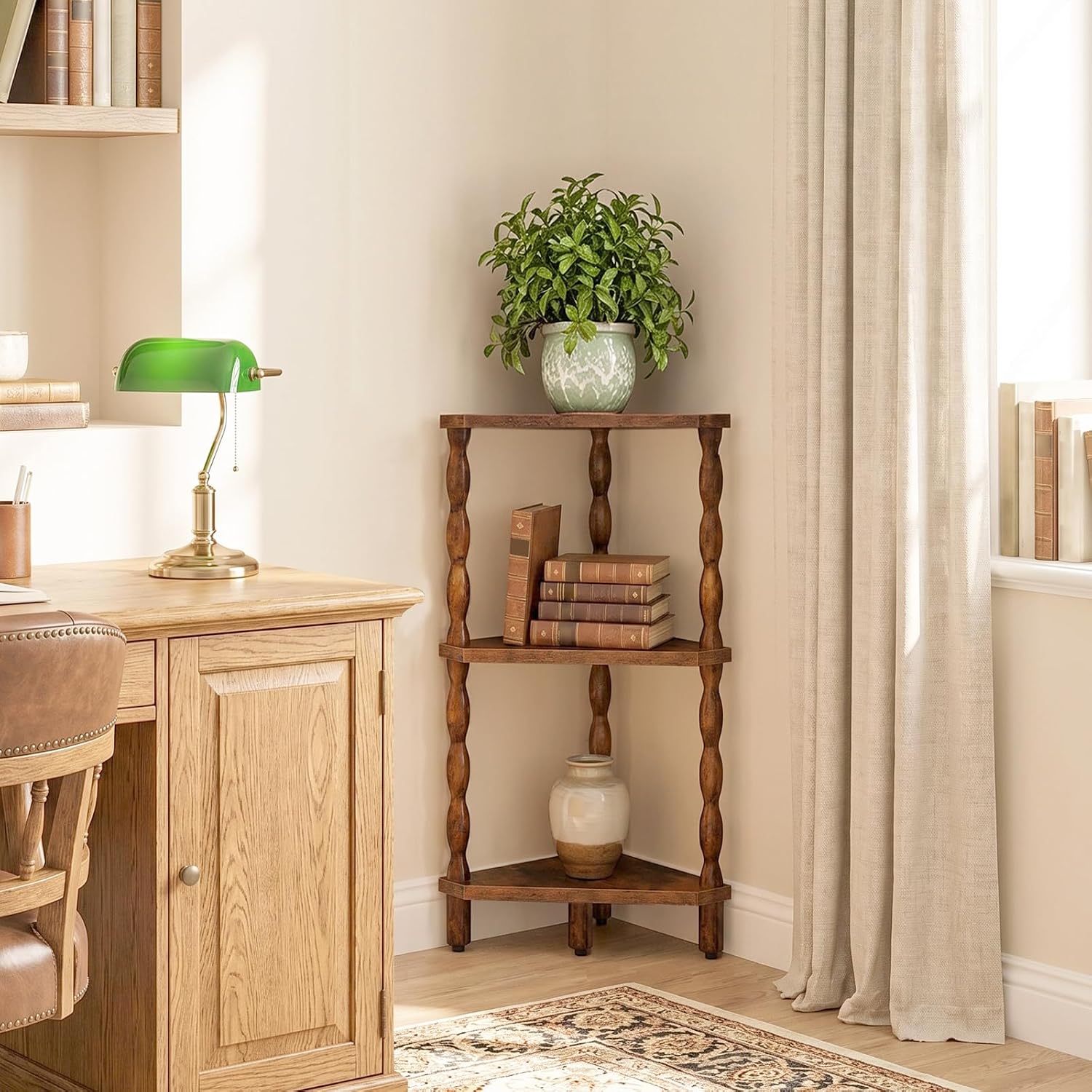 HOOBRO Corner Shelf, 3-Tier Wooden Corner Bookshelf for Small Space, Stylish Corner Storage Display Shelves for Living Room, Kitchen, Office, Rustic Brown FG193CJ01