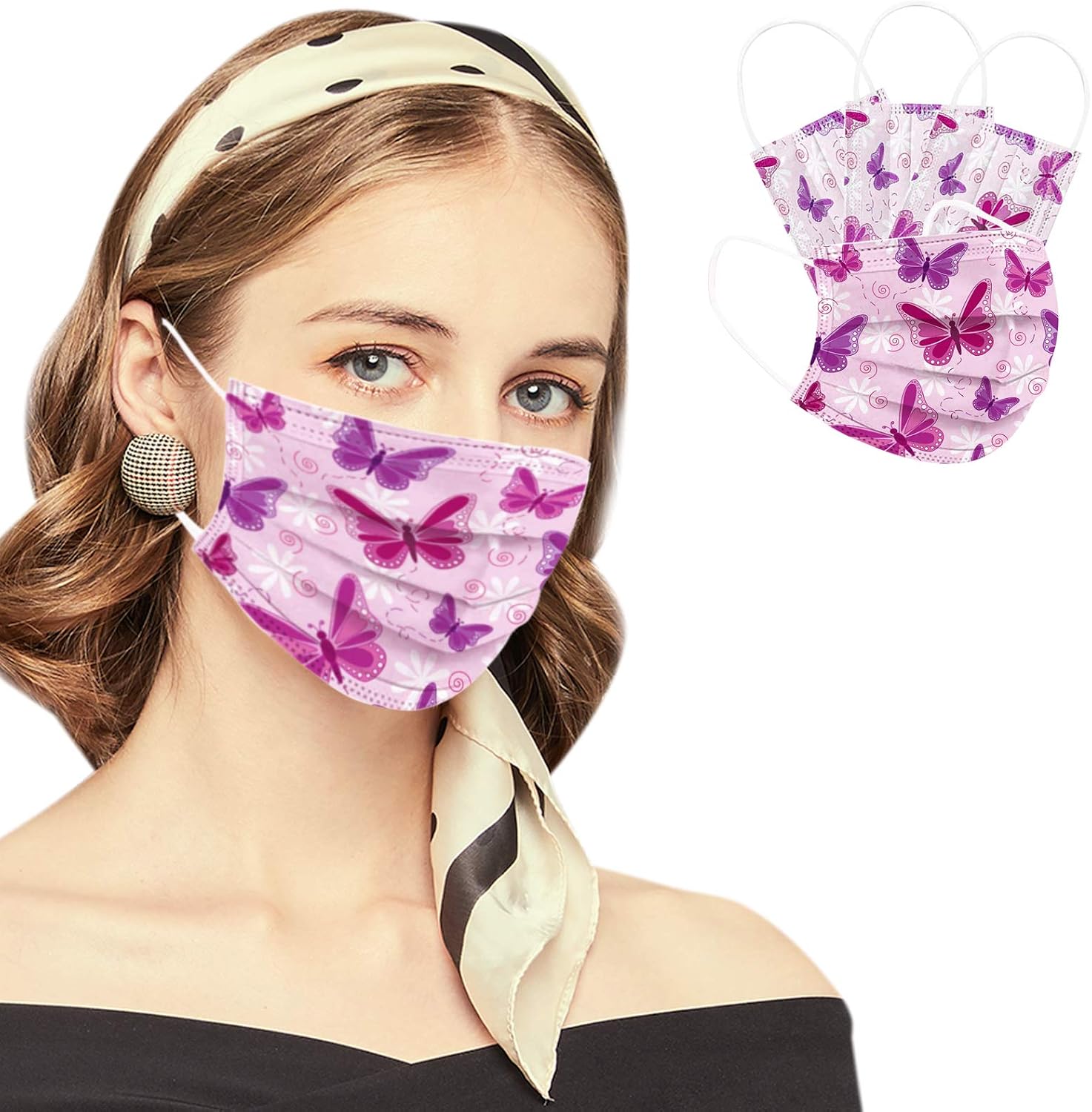 50PCS Disposable Face Masks,3 Ply Breathable Safety Mask with Elastic Earloop,Disposable Mouth Face Cover for Adults (Pink Butterfly)