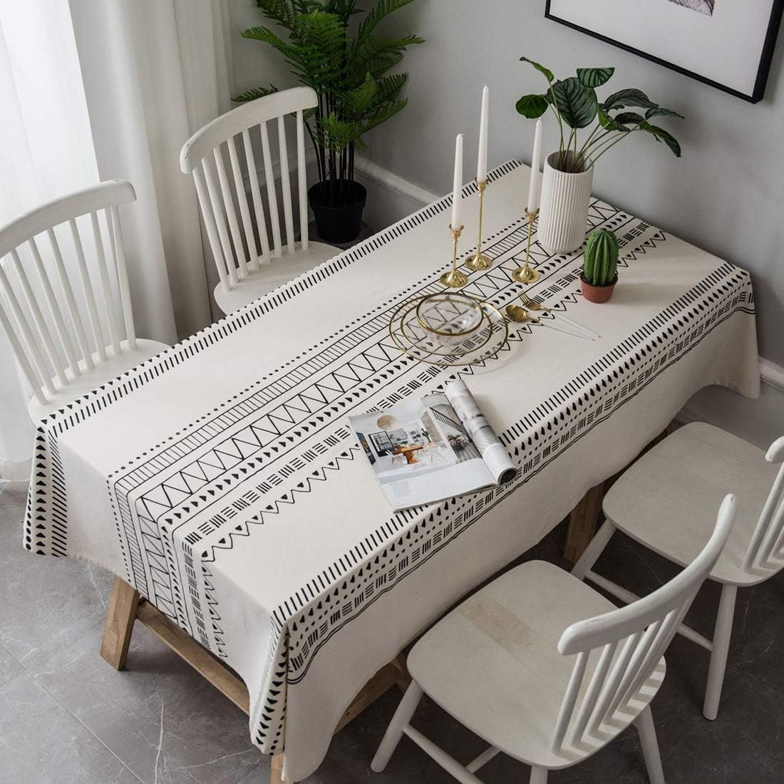 vctops Bohemian Geometric Printed Cotton Linen Tablecloth Dust-Proof Table Cover for Kitchen Dinning Farmhouse Tabletop Decoration (Black White, 55 x 102 Inch)