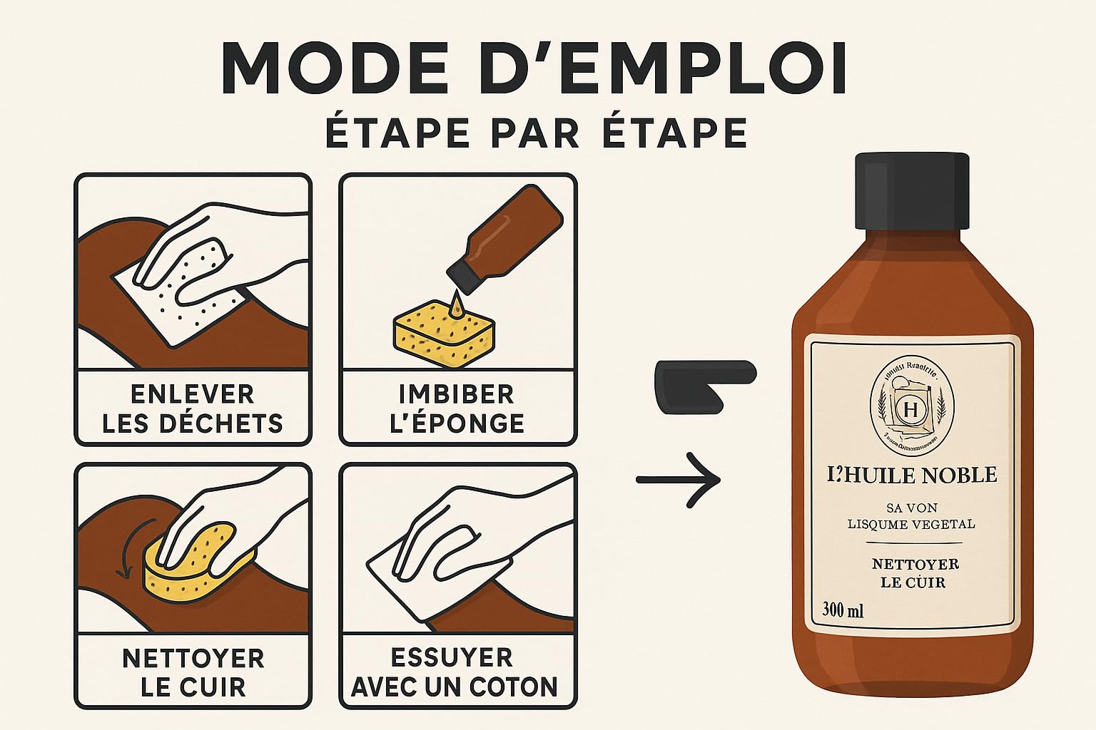Kit Entretien Cuir Complet – Huile CUIRTANN + Savon végétal + Éponge + 2 Carrés Coton Satiné + Notice – Naturel & Fabriqué en France