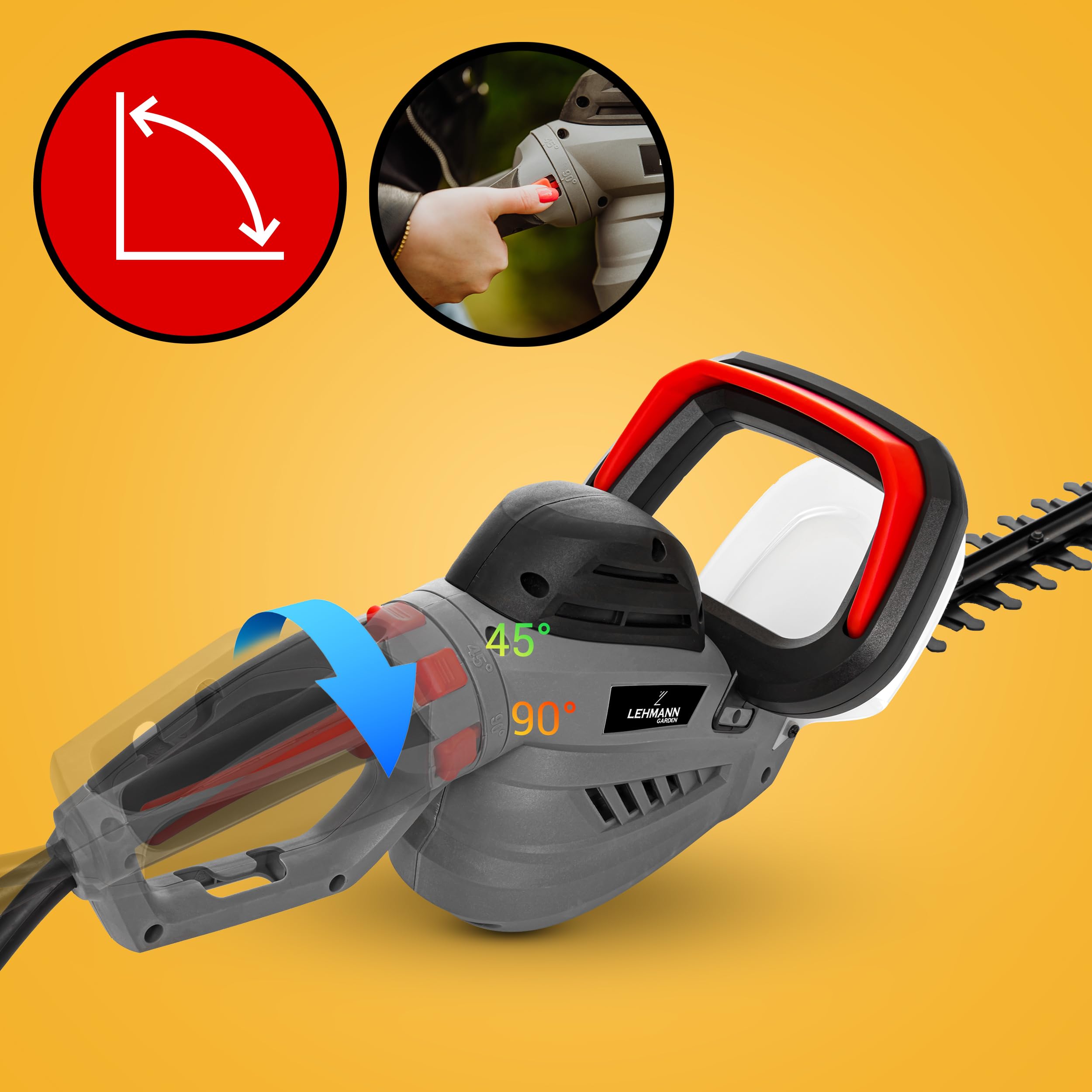 LEHMANN Elektro-Heckenschere, 61 cm Messerlänge, 20 mm Schnittstärke, maximale Leistung 1800 W, Anschlagschutz, ergonomischer Griff & Leicht 3,7 kg, Heckenschneider für Hecken und Sträucher, Grau