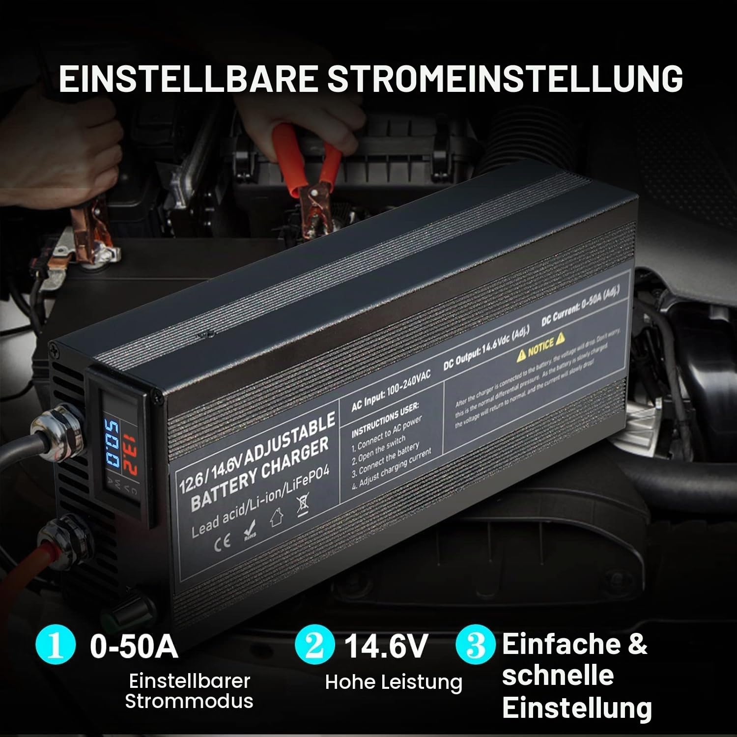 14,6V 0-50A LiFePO4 Ladegerät mit Stufenloser Regulierung, Intelligentes 12V Batterie-Ladegerät mit Aktivierung der Lithium-Batterie für Auto LKW Motorrad Rasenmäher Boot Marine Lithium Batterien