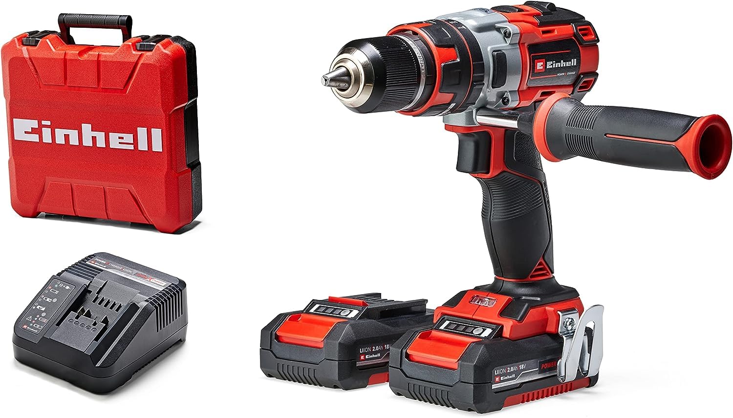 Einhell Atornillador inalámbrico TE-​CD 18 Li-​i Brushless Power X-​Change (con función de impacto, Li-​Ion, 18 V, 2 velocidades, 60 Nm, luz LED, maletín, incl. 2 baterías de 2,​0 Ah y cargador)