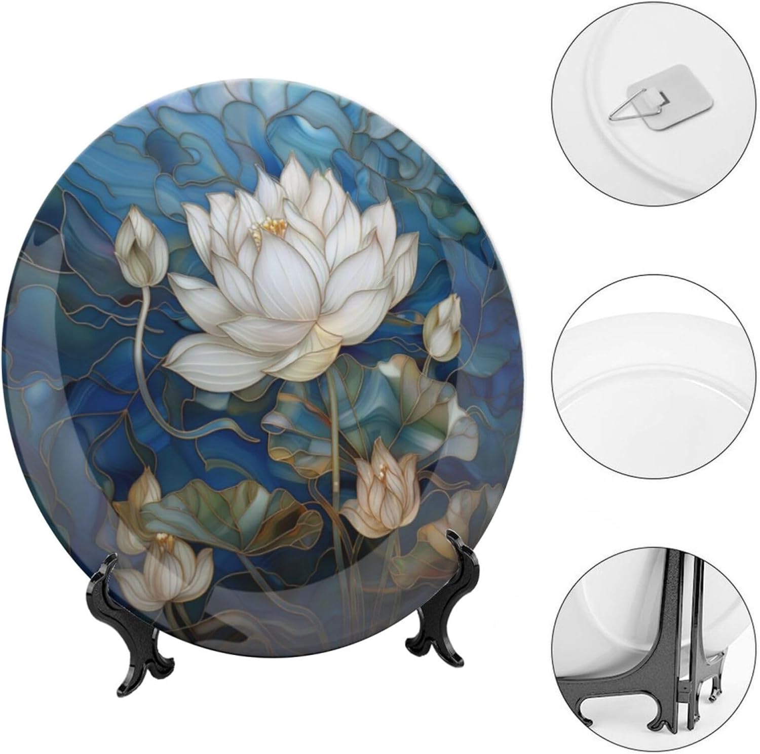 Stained Glass Theme Decorative Ceramic Plate Round Porcelain Plate,10 inch,Flowers in The Pond Pattern,for Decorative Ornaments Giving Plates, 1 Plate with 1 Display Stand,Blue White