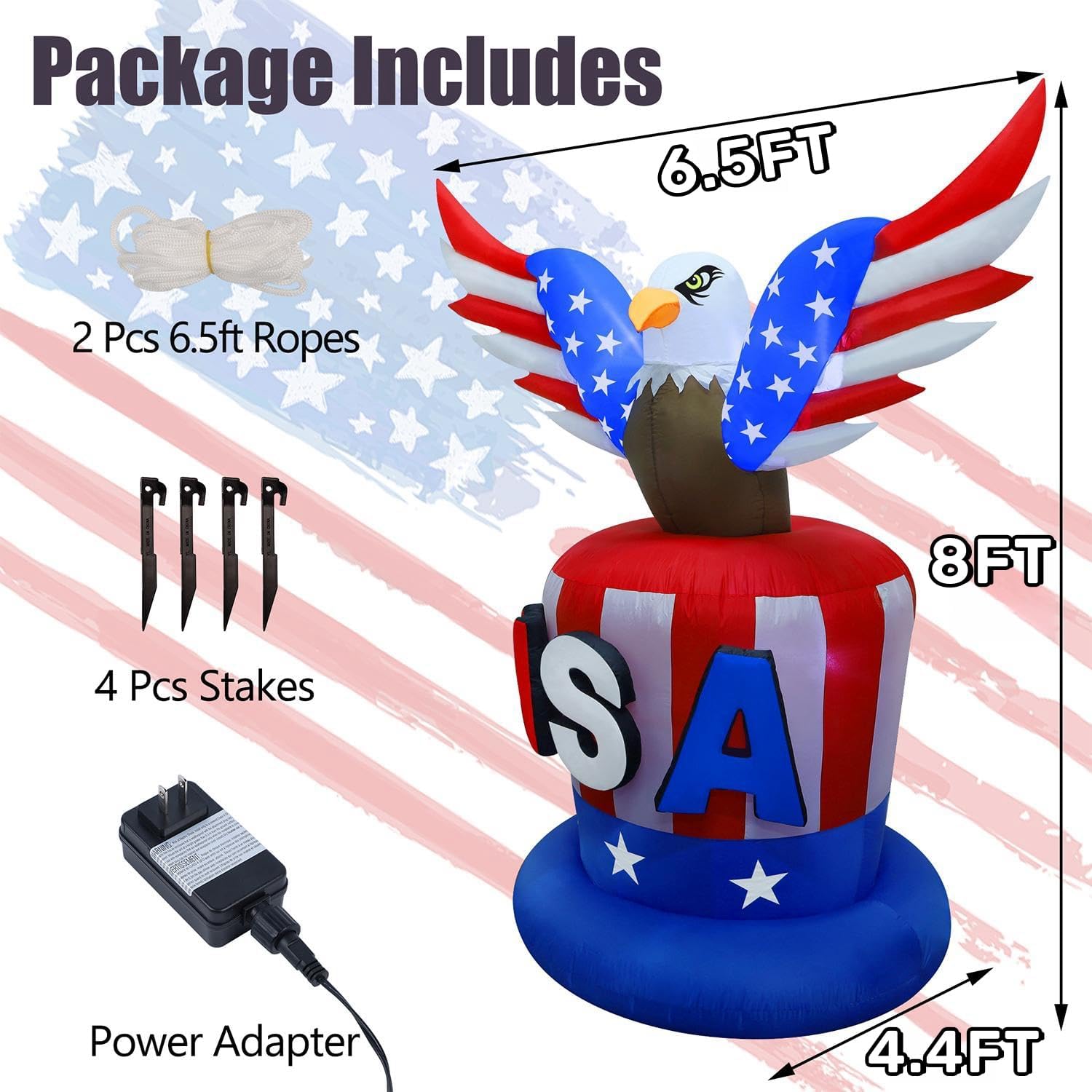 Juegoal Patriotic Independence Day Inflatable, 8FT Height USA Bald Eagle on Uncle Sam Hat, Blow Up 4th of July Large Outdoor American Celebration Decor with Light for Veterans Day Lawn Yard Garden