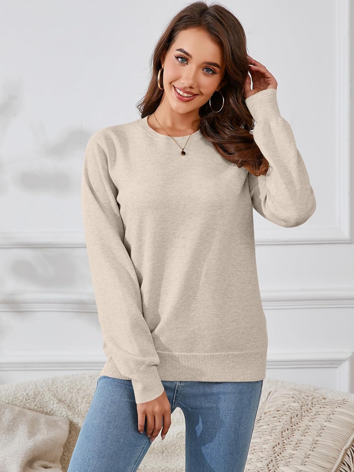 Women's Long Sleeve Sweater Classic 2024 Fall Soft Basic Crewneck Business Casual Pullover Tops Trendy Outfits - Image 4