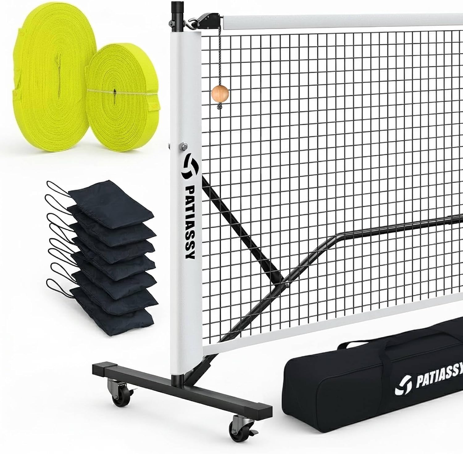 Portable Pickleball Net System with Wheels, 22FT Regulation Size Pickleball Net with Court Lines and 8 Sandbags for Outdoor Driveway, Mobile Pickle Ball Set with Carry Bag, Steady Steel Frame