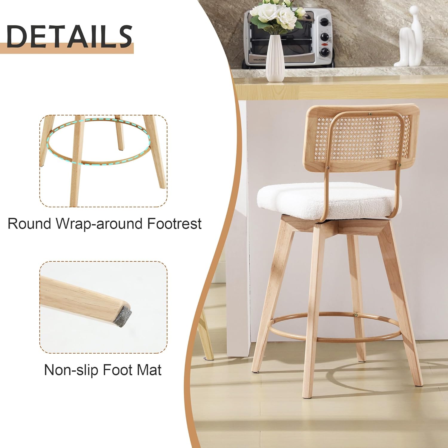 Boho Swivel Barstools Set of 2, 26” Modern Teddy Bouclé Counter Height Bar Stools with Cane Back and Solid Rubberwood Legs, Upholstered Armless Bar Chairs for Kitchen Island, Beige Linen