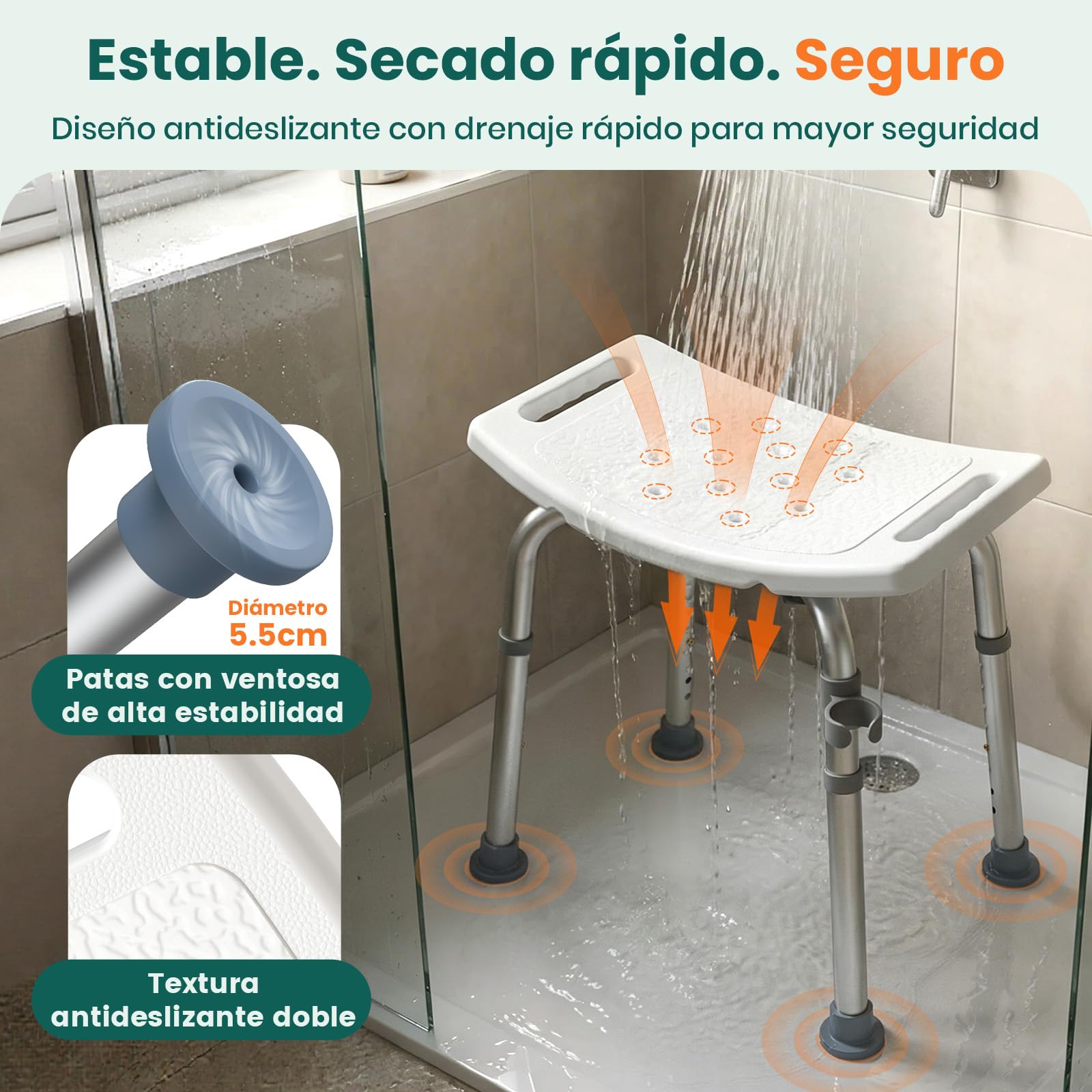 LC02 Taburete Ducha para Ancianos, Silla de Ducha Antideslizante Ajustable en Altura hasta 158 kg, Taburete Ligero con Aberturas de Agarre, para Discapacitados y Embarazadas