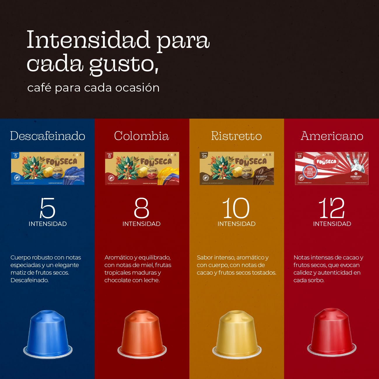 FONSECA Cápsulas Café Colombia Compatibles con Nespresso, Pack 220 Cápsulas | Café 100% Arábica Suave con Aromas de Miel Dorada, Tueste Medio Intensidad 8 Producido en Portugal