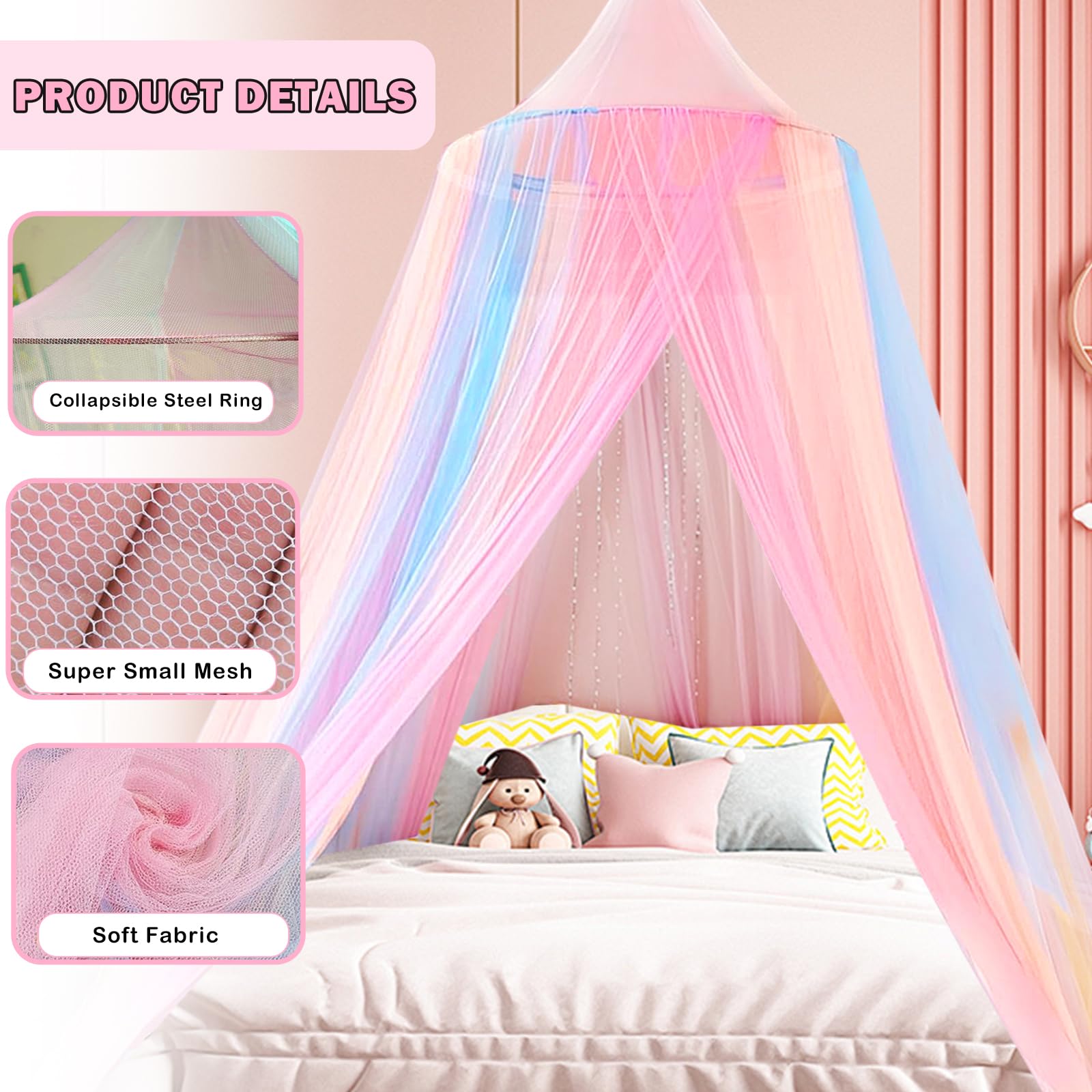 Rainbow Bed Canopy,X-Large Princess Rainbow Canopy Hanging Netting for Girls Bedroom Decor Fairy Dream Play Tent for Room,Reading Corner - Image 3