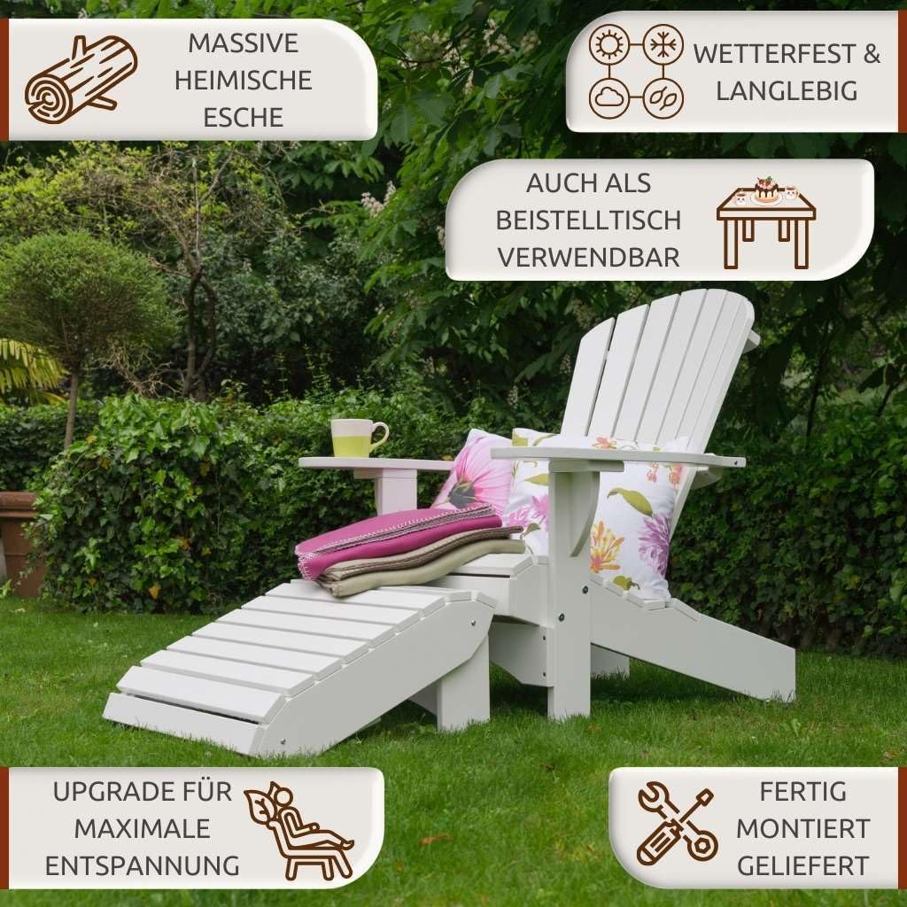 Original Dream-Chairs since 2007 Le luxueux repose-pieds Adirondack « Comfort » en blanc peut être utilisé dans 2 positions. Le repose-pieds peut également être utilisé comme table d'appoint